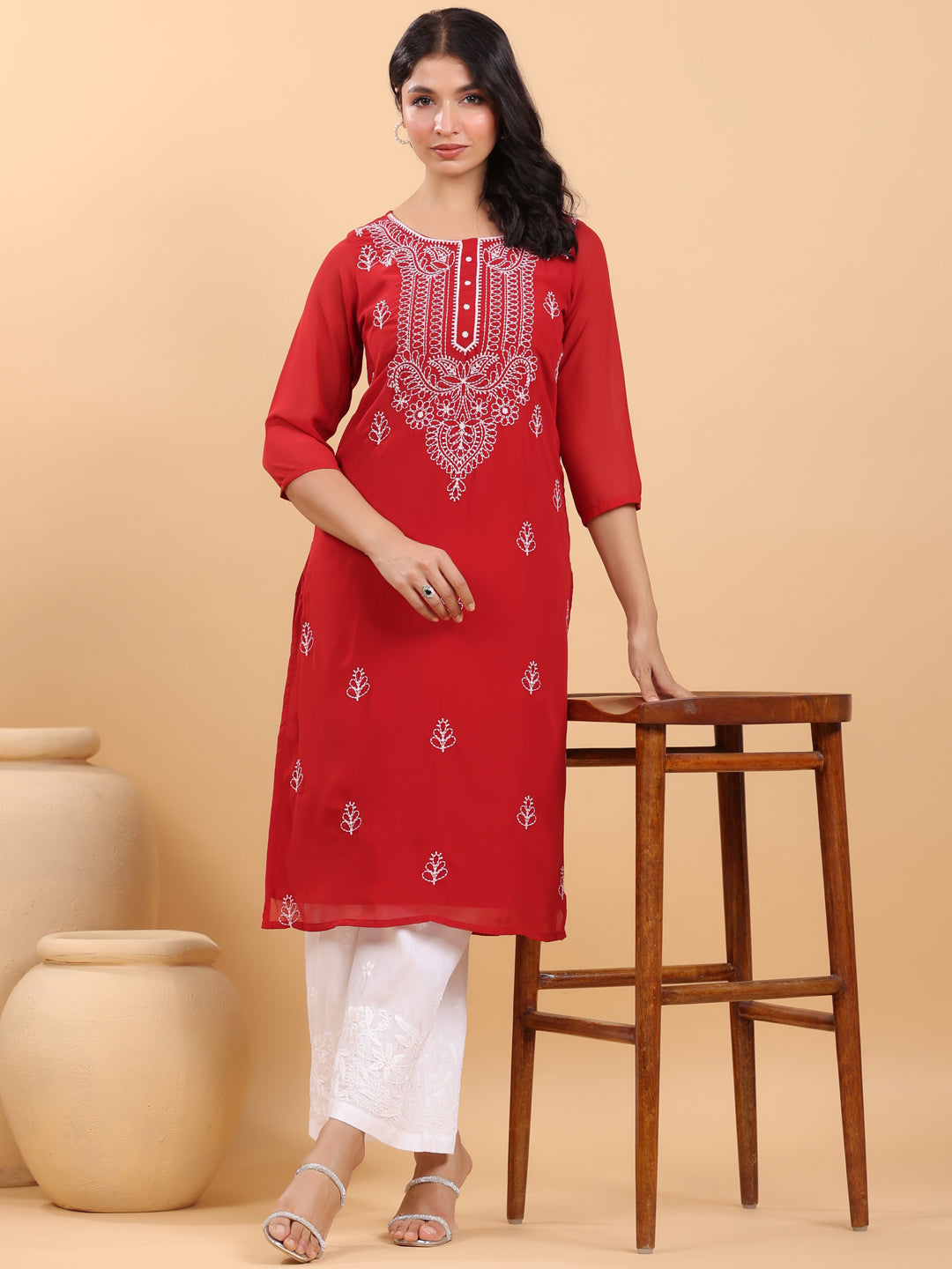 Maroon Georgette Embroidered Straight Kurta