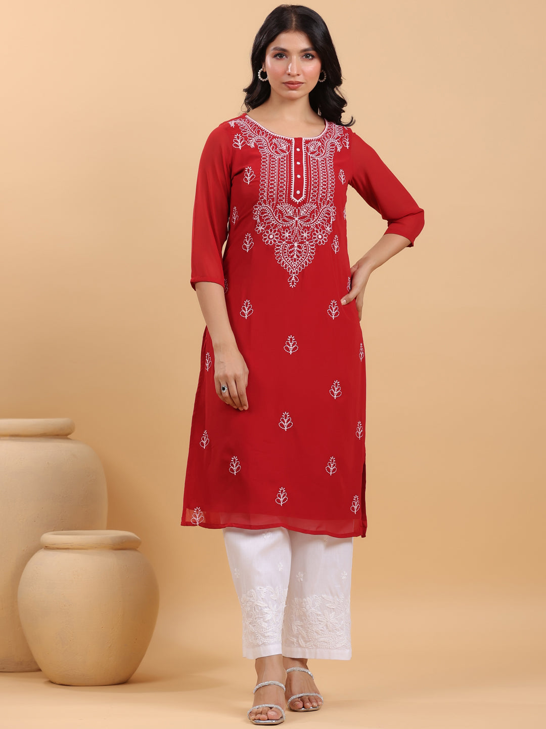 Maroon Georgette Embroidered Straight Kurta