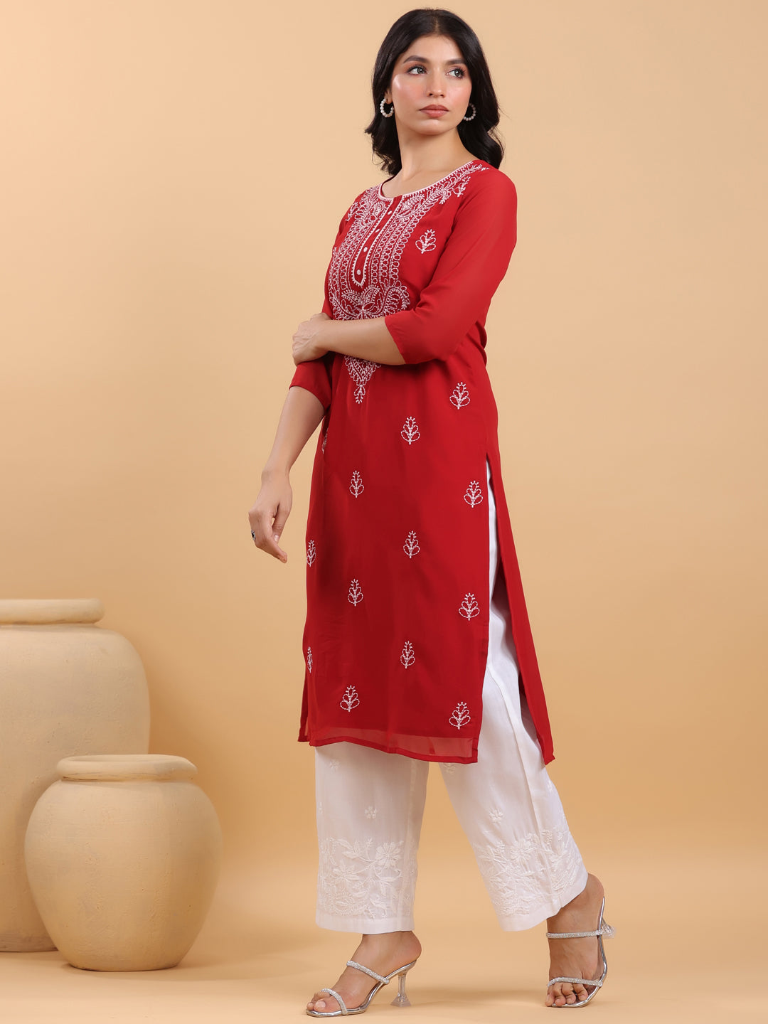 Maroon Georgette Embroidered Straight Kurta