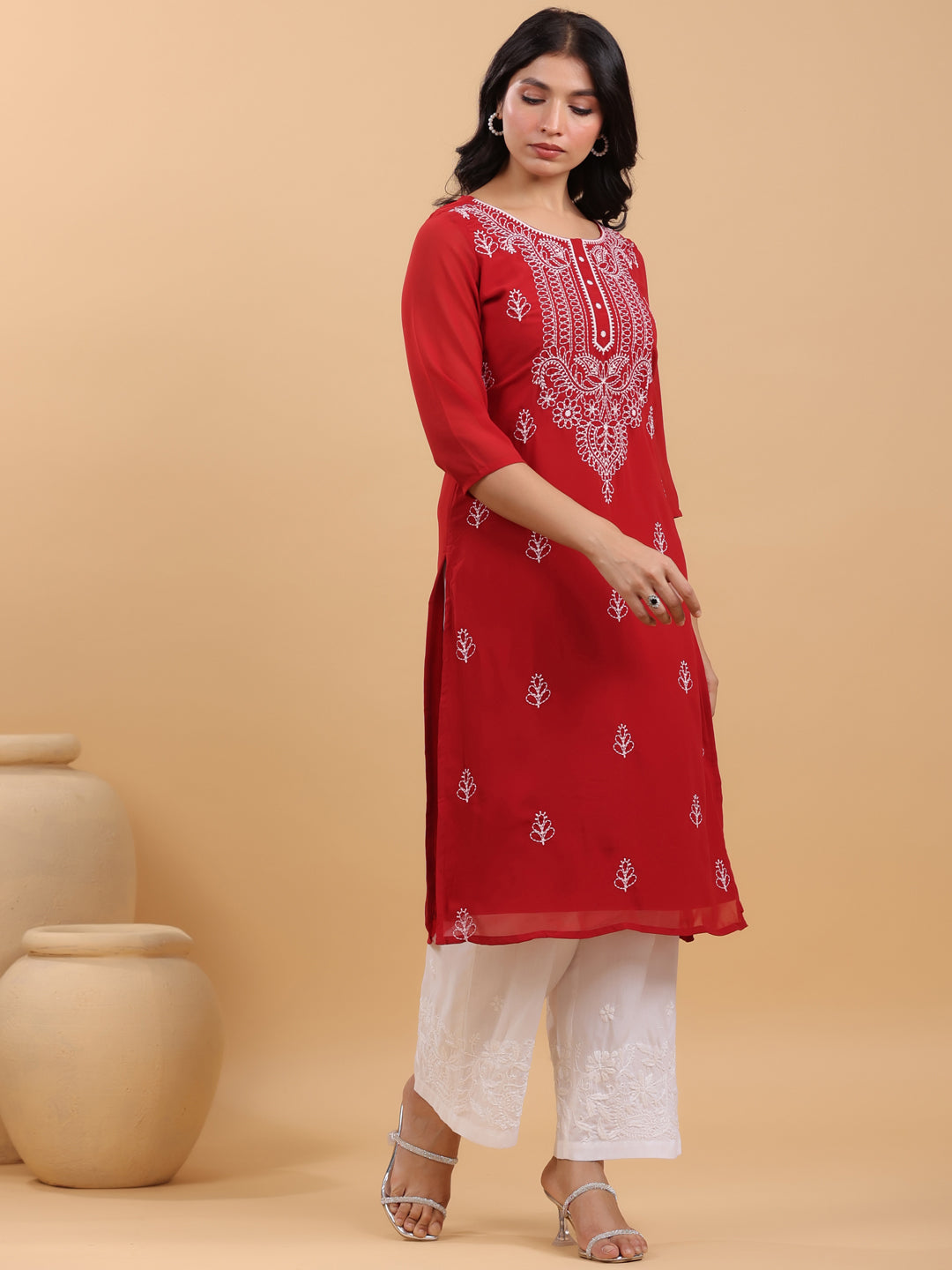 Maroon Georgette Embroidered Straight Kurta