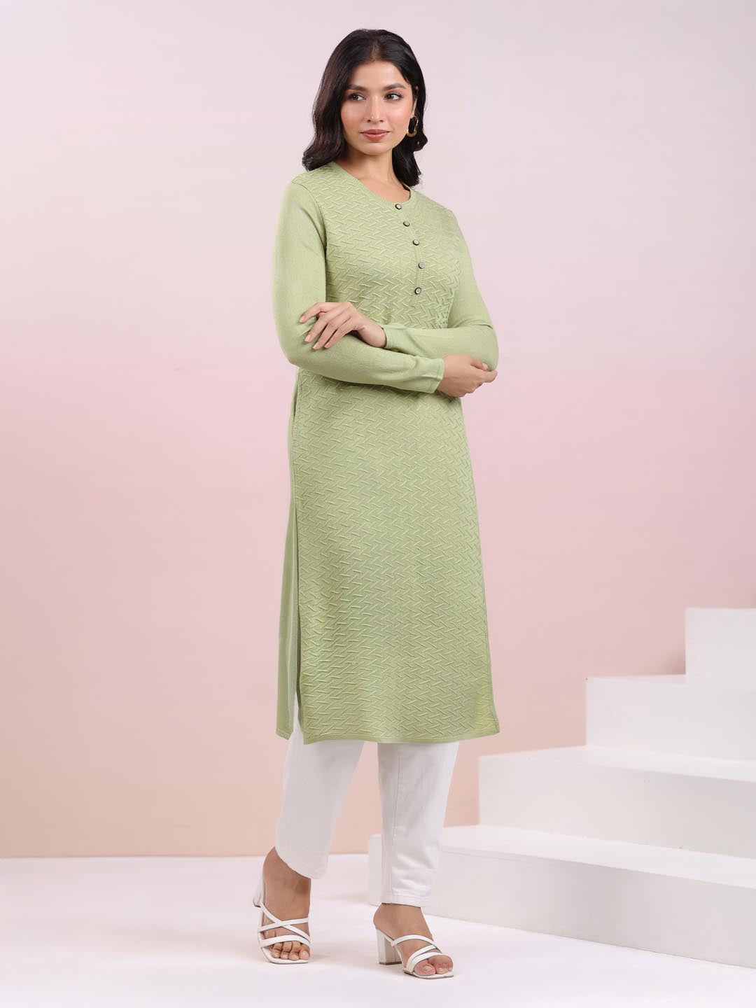 Sage Green Woolen Textured Straight Winter Kurta