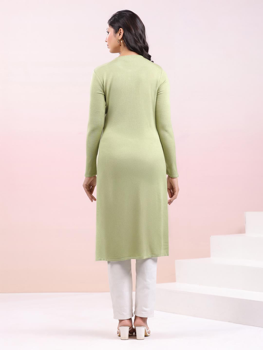 Sage Green Woolen Textured Straight Winter Kurta