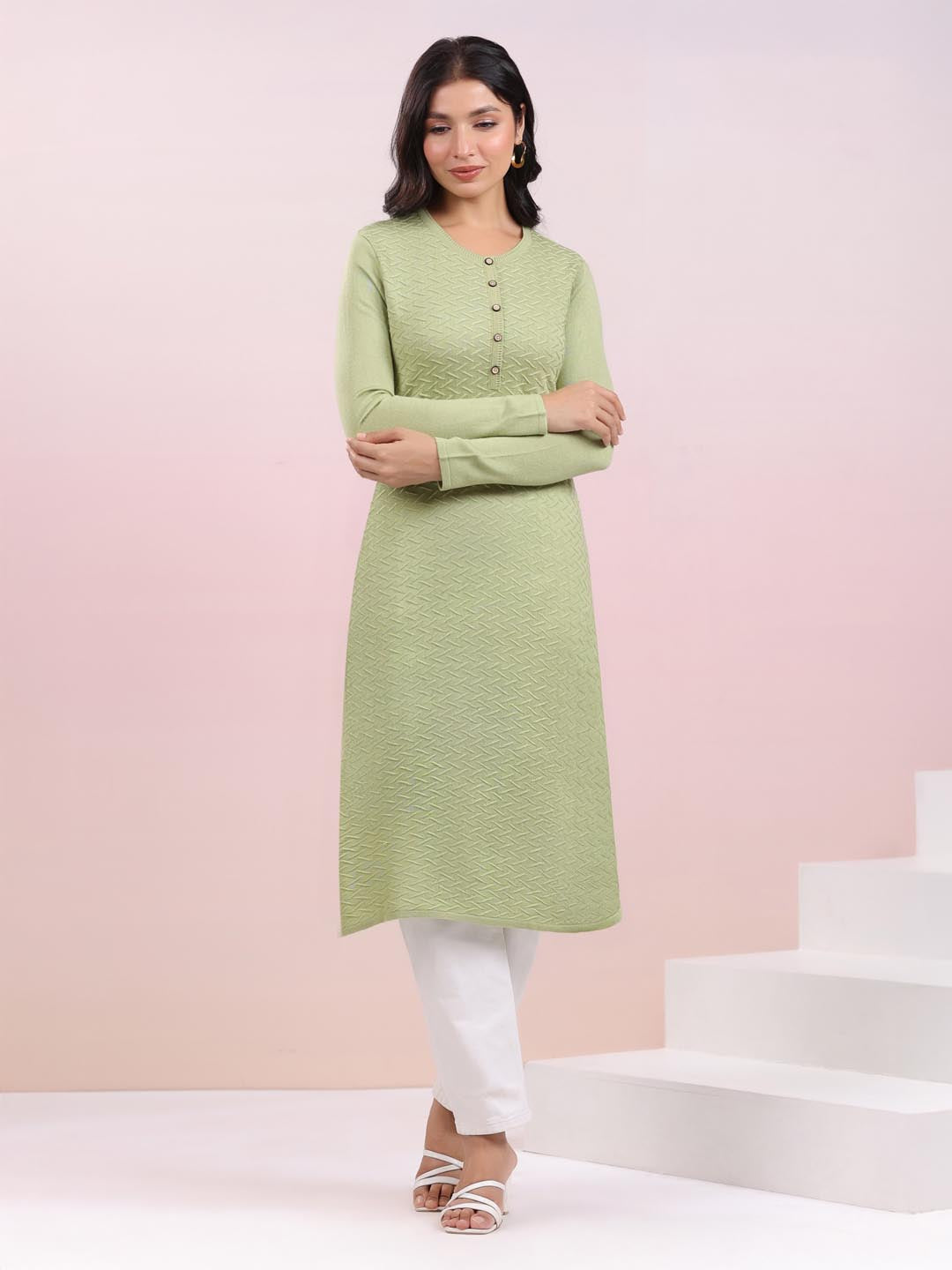 Sage Green Woolen Textured Straight Winter Kurta