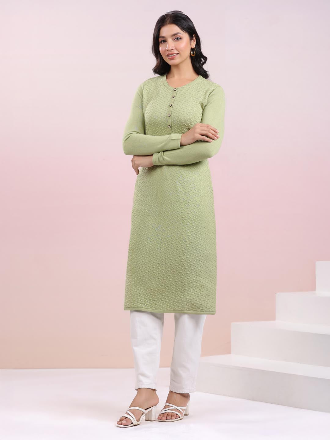 Sage Green Woolen Textured Straight Winter Kurta