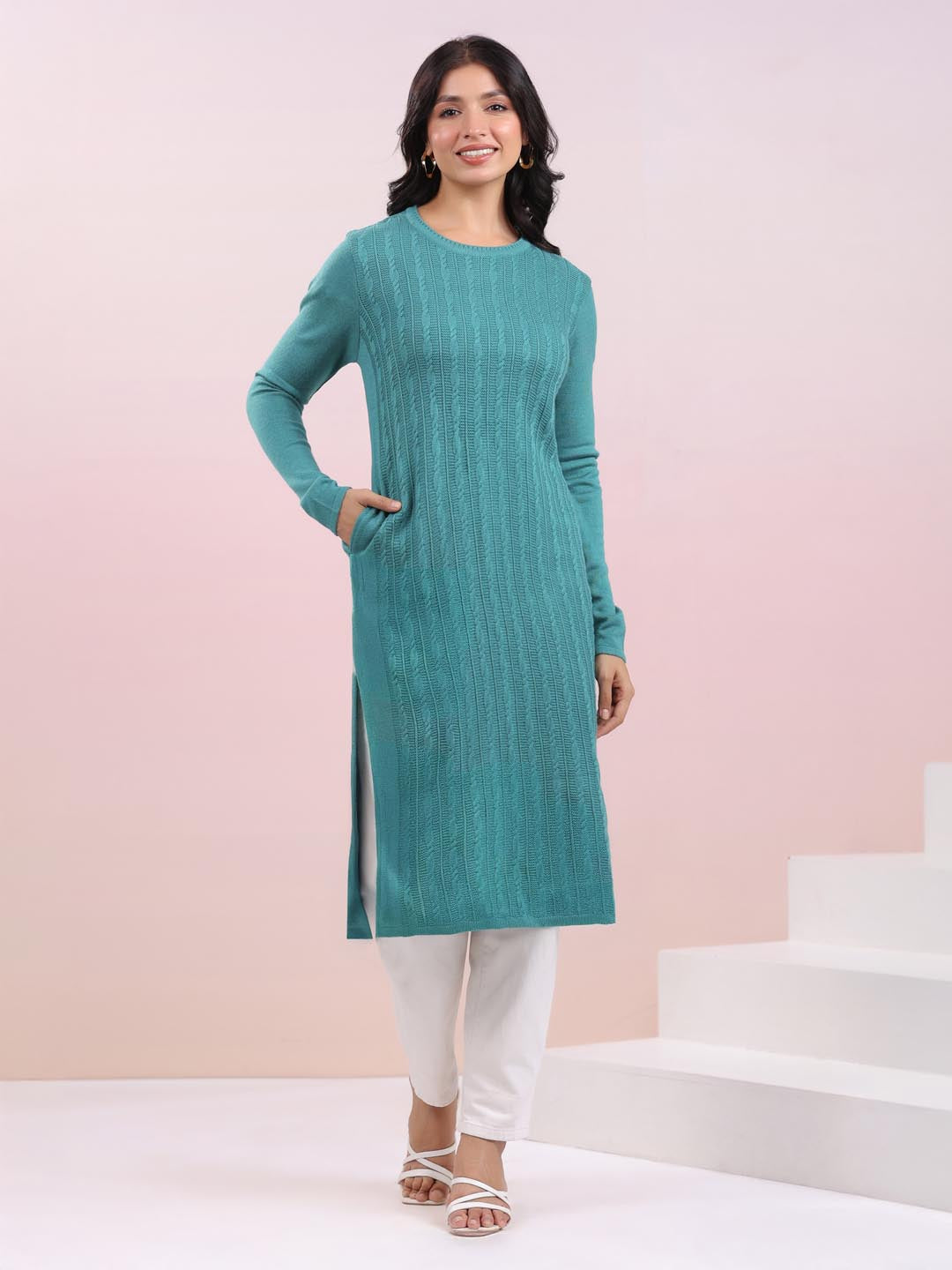 Sea Green Woolen Self Design Straight Winter Kurta