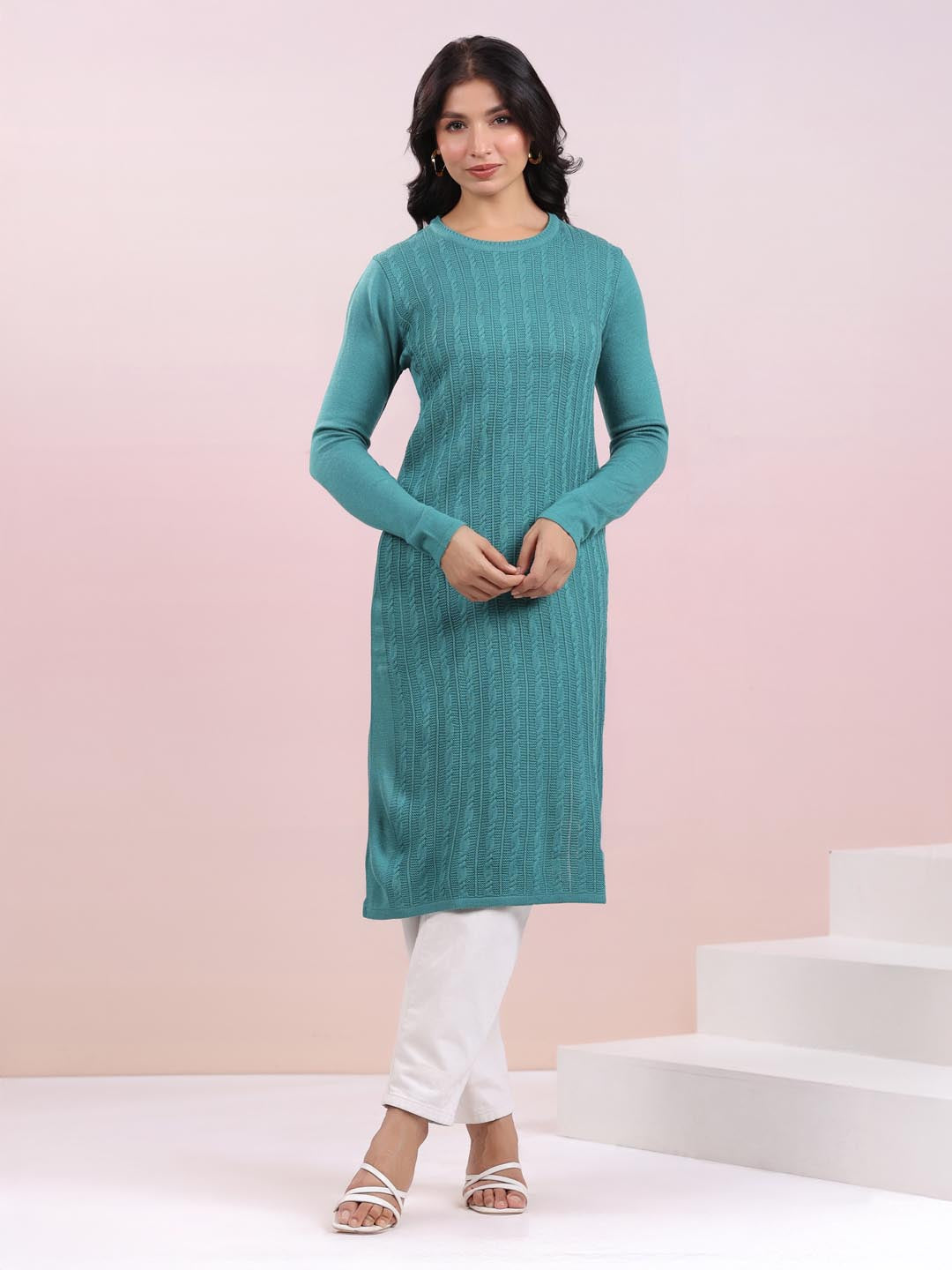 Sea Green Woolen Self Design Straight Winter Kurta