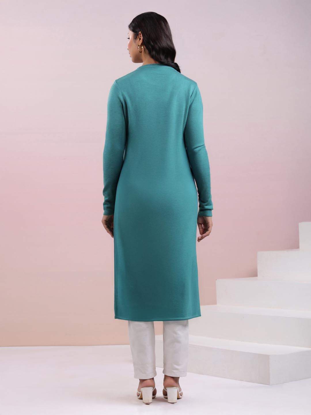 Sea Green Woolen Self Design Straight Winter Kurta