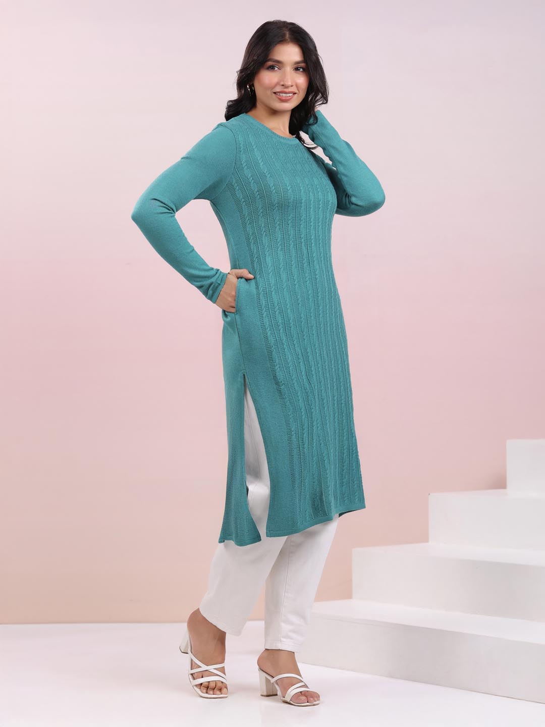 Sea Green Woolen Self Design Straight Winter Kurta