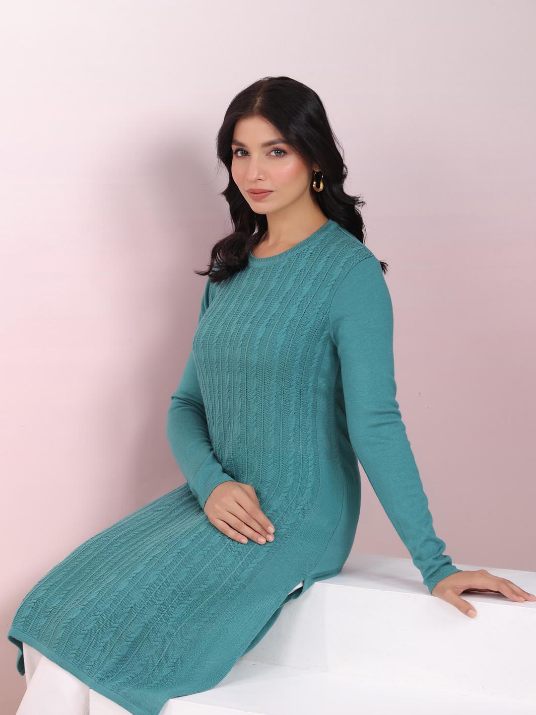 Sea Green Woolen Self Design Straight Winter Kurta