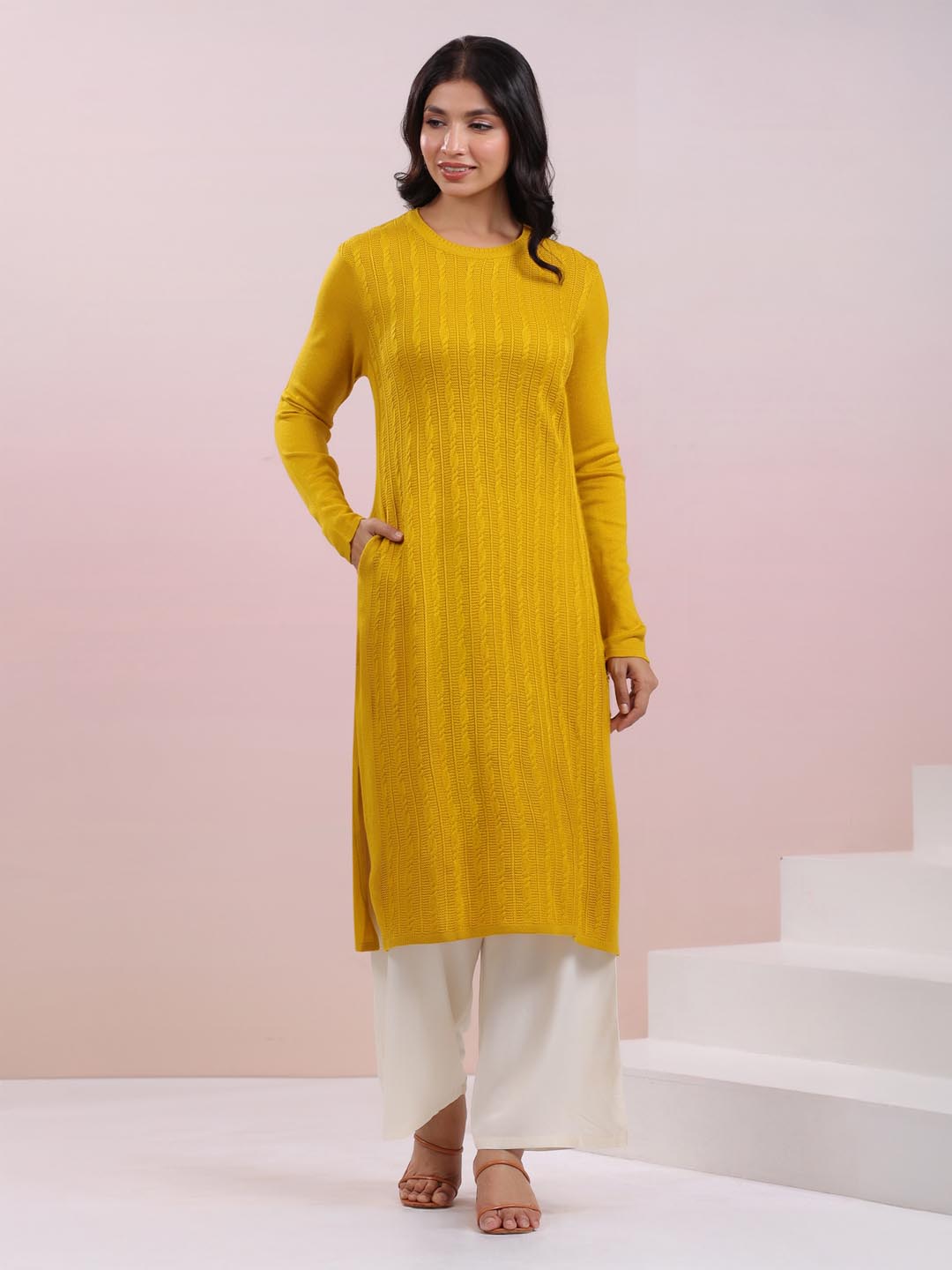 Mustard Woolen Self Design Straight Winter Kurta