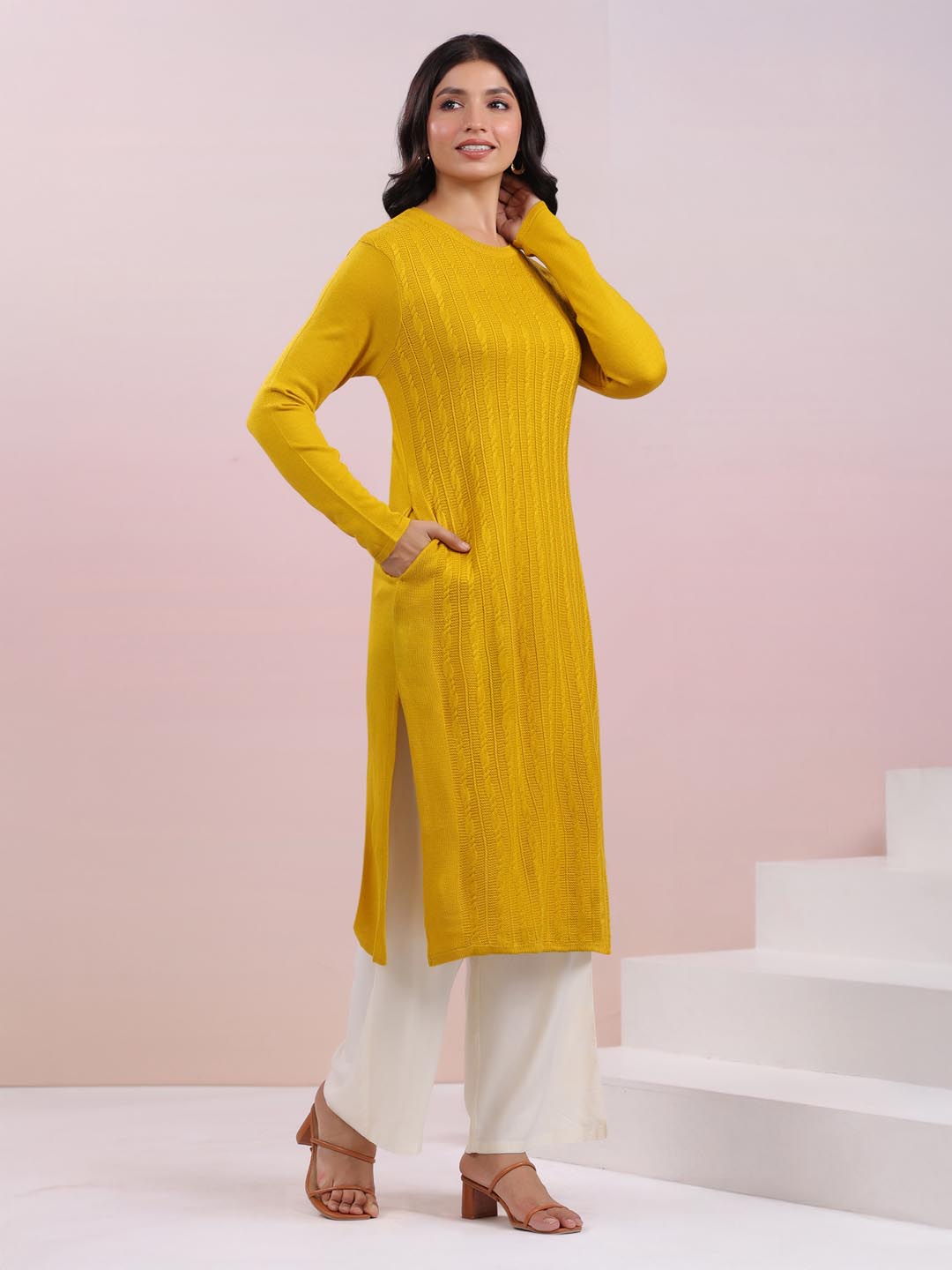 Mustard Woolen Self Design Straight Winter Kurta