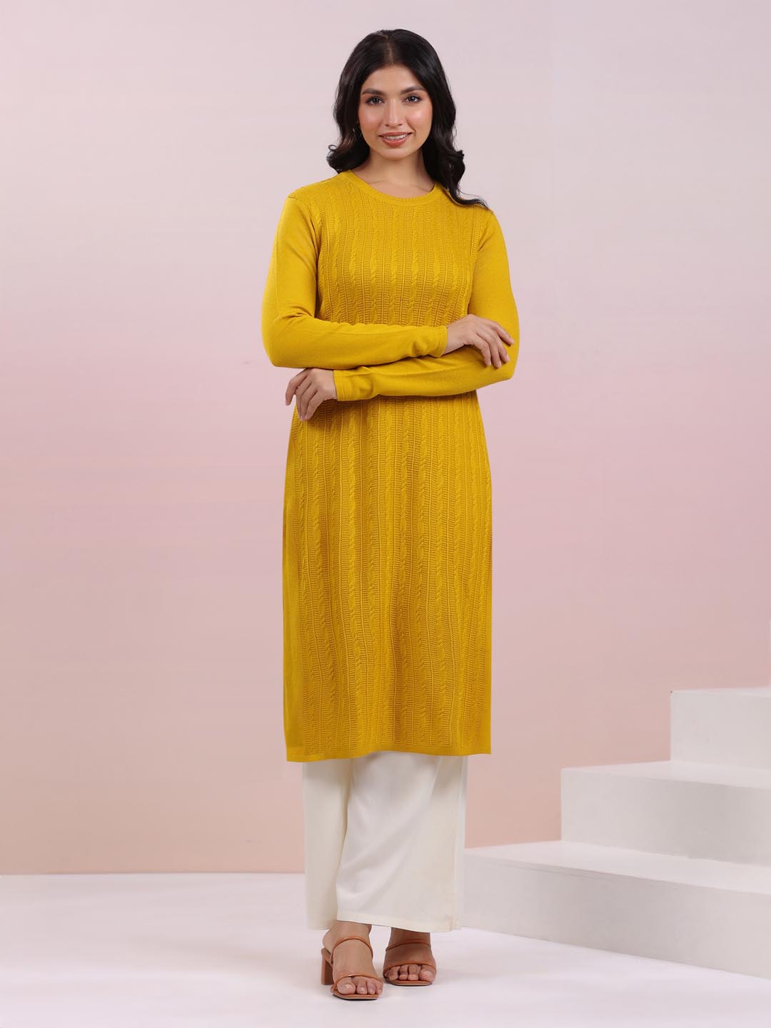 Mustard Woolen Self Design Straight Winter Kurta