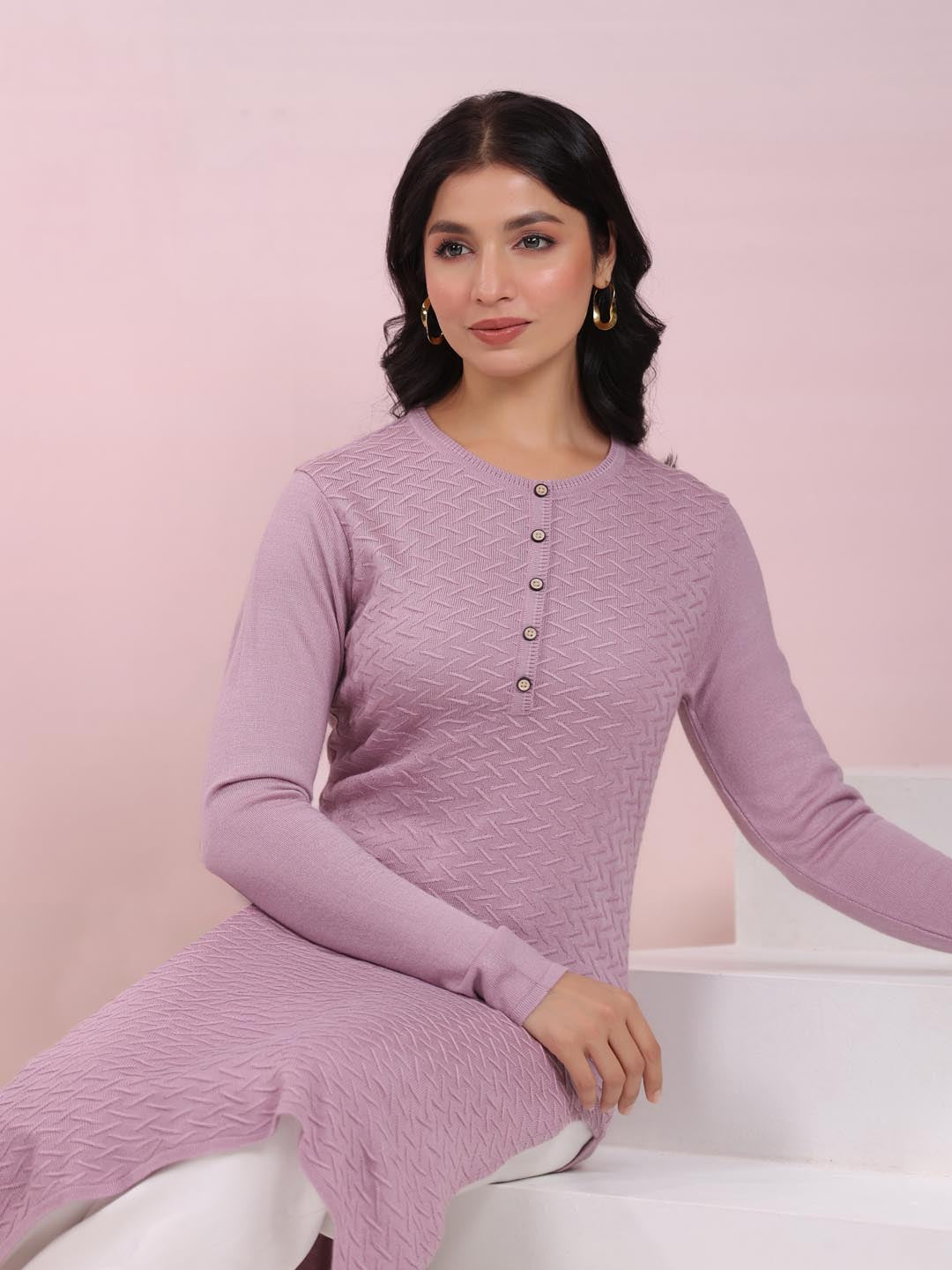 Lavender Woolen Textured Straight Winter Kurta