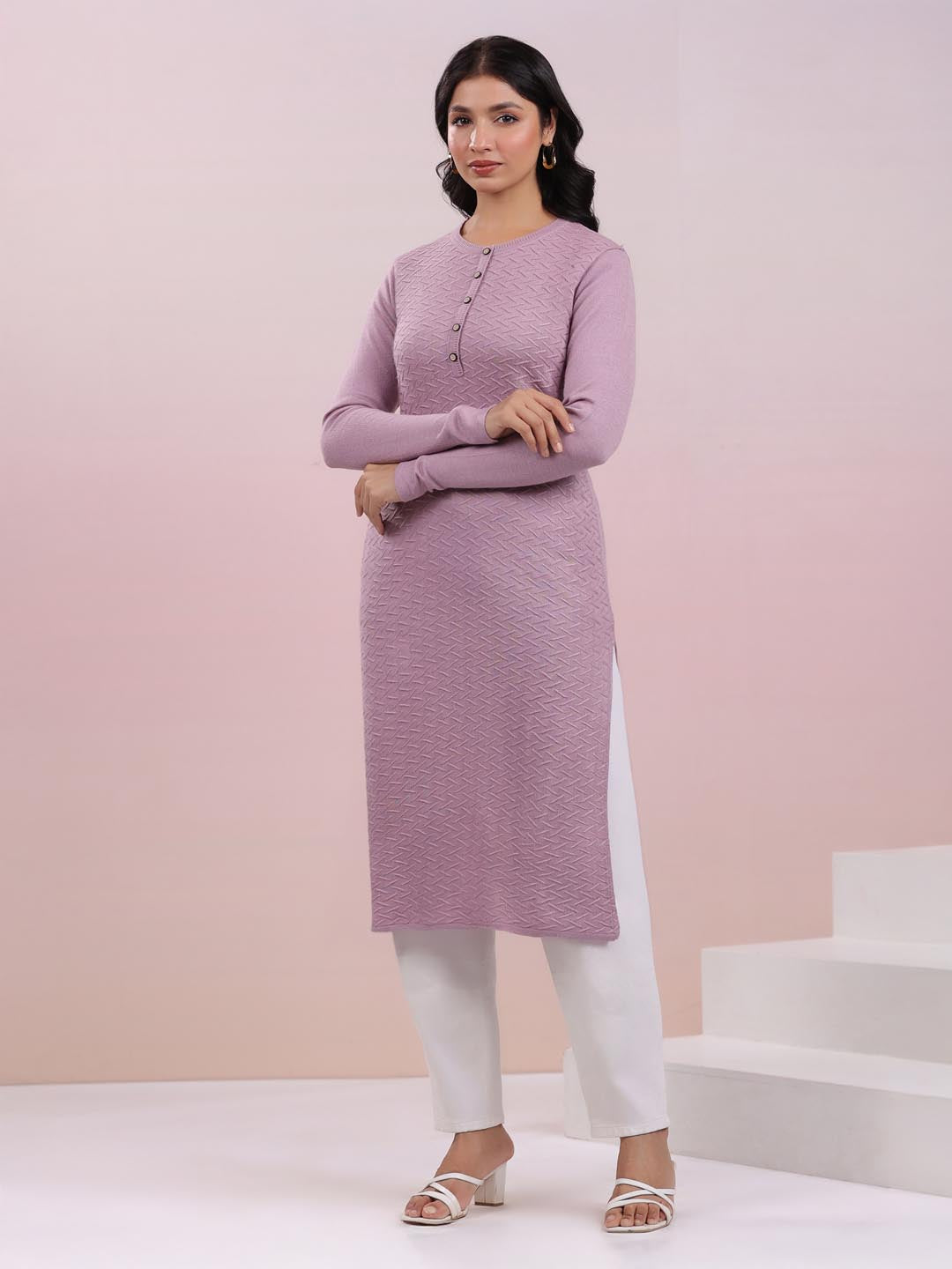 Lavender Woolen Textured Straight Winter Kurta