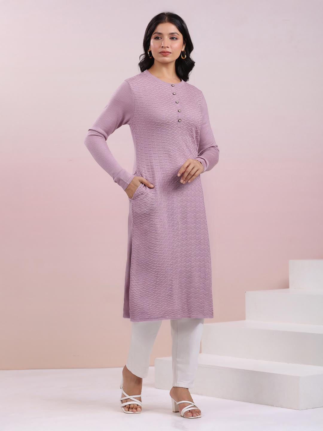 Lavender Woolen Textured Straight Winter Kurta