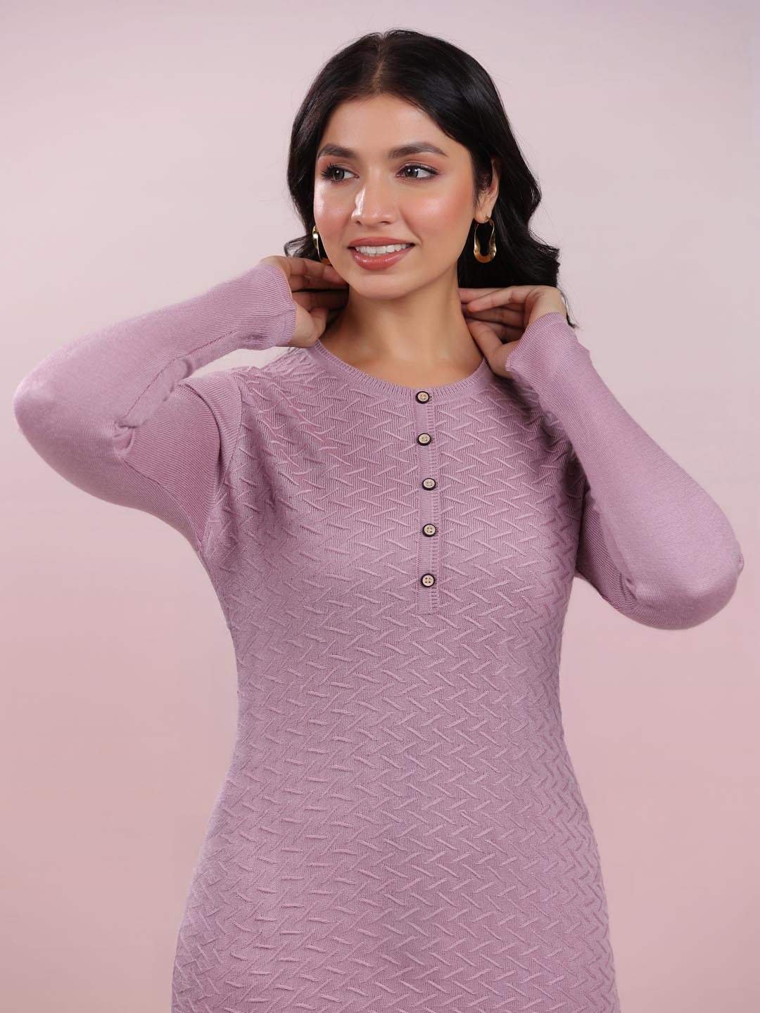 Lavender Woolen Textured Straight Winter Kurta