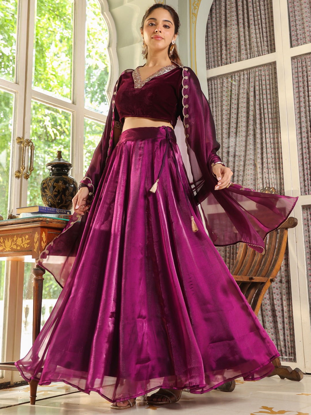 Purple Organza Zari Embroidered Pleated Lehenga Choli Set