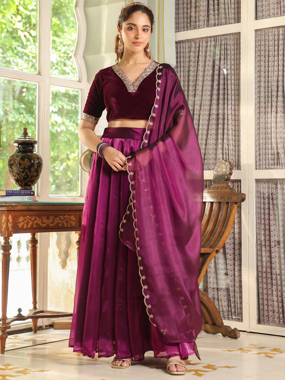 Purple Organza Zari Embroidered Pleated Lehenga Choli Set