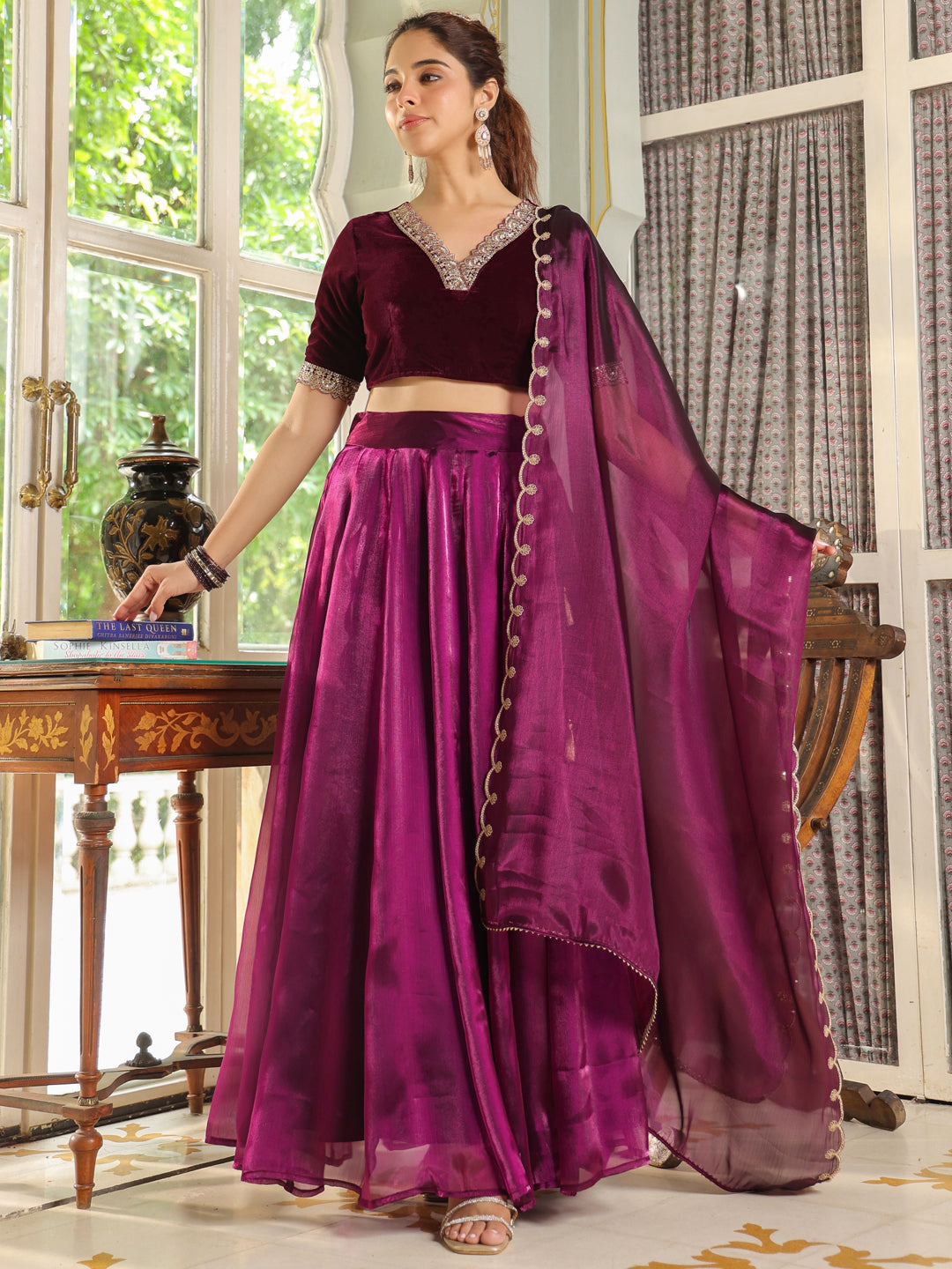 Purple Organza Zari Embroidered Pleated Lehenga Choli Set