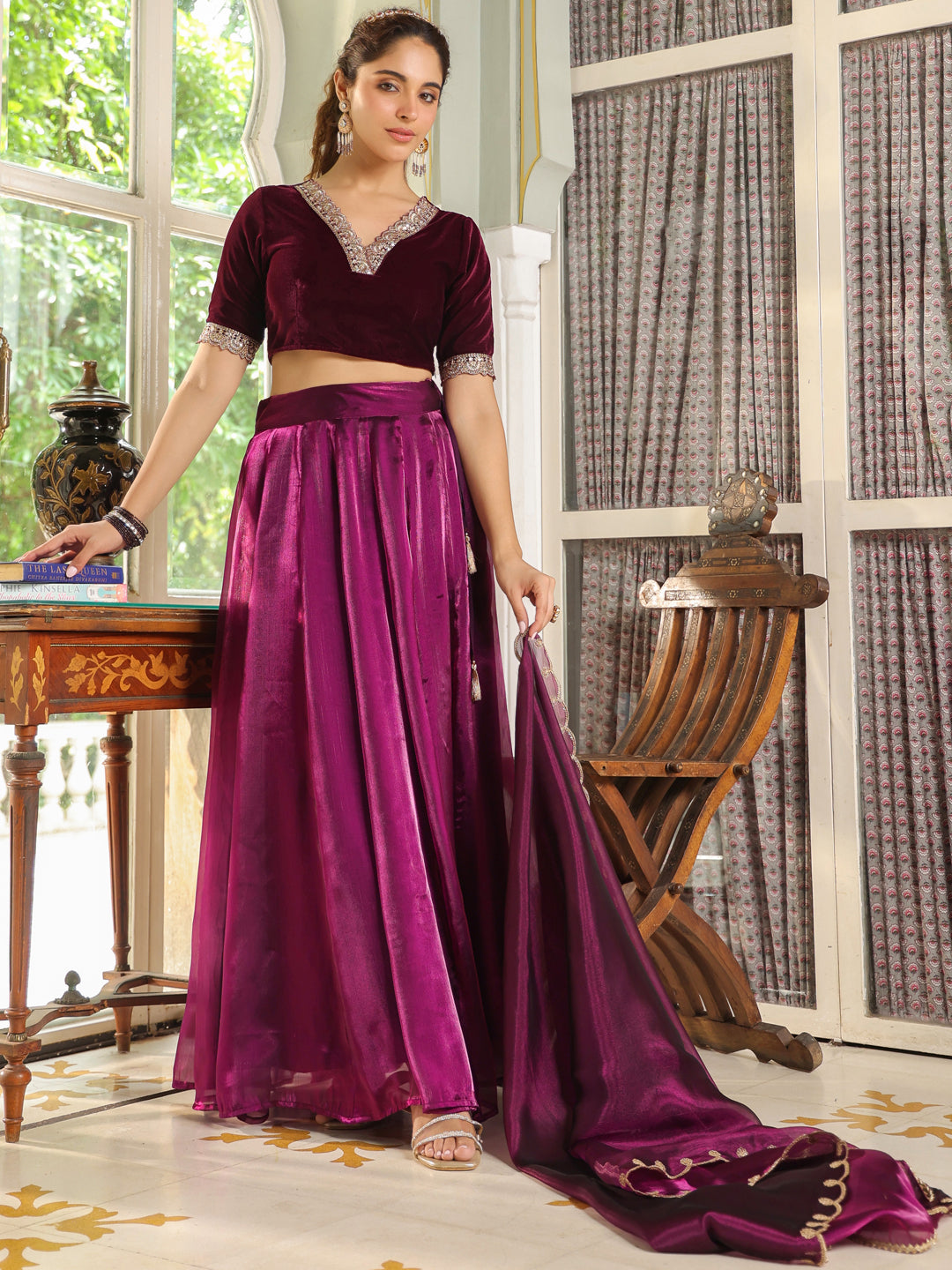 Purple Organza Zari Embroidered Pleated Lehenga Choli Set