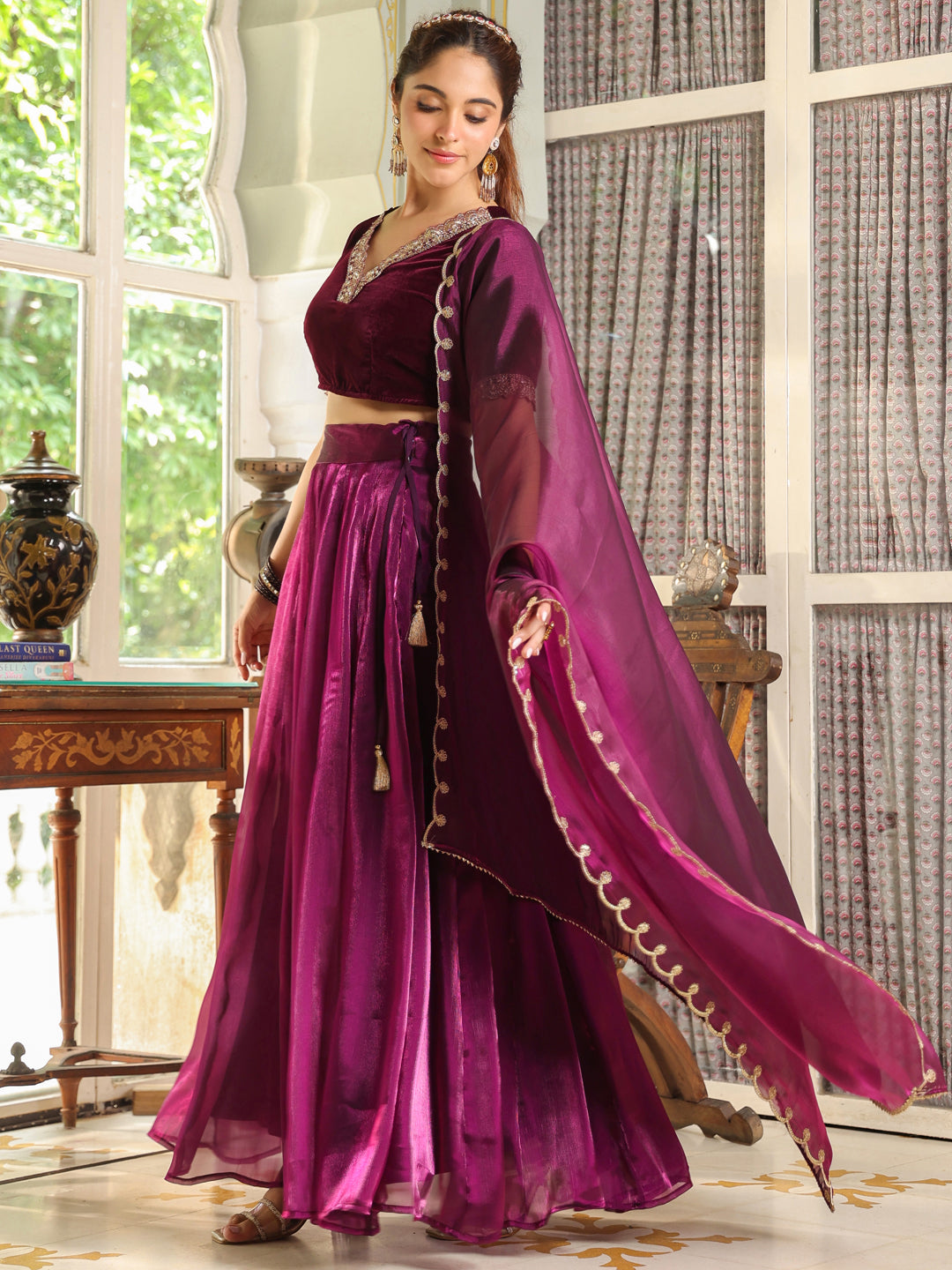 Purple Organza Zari Embroidered Pleated Lehenga Choli Set