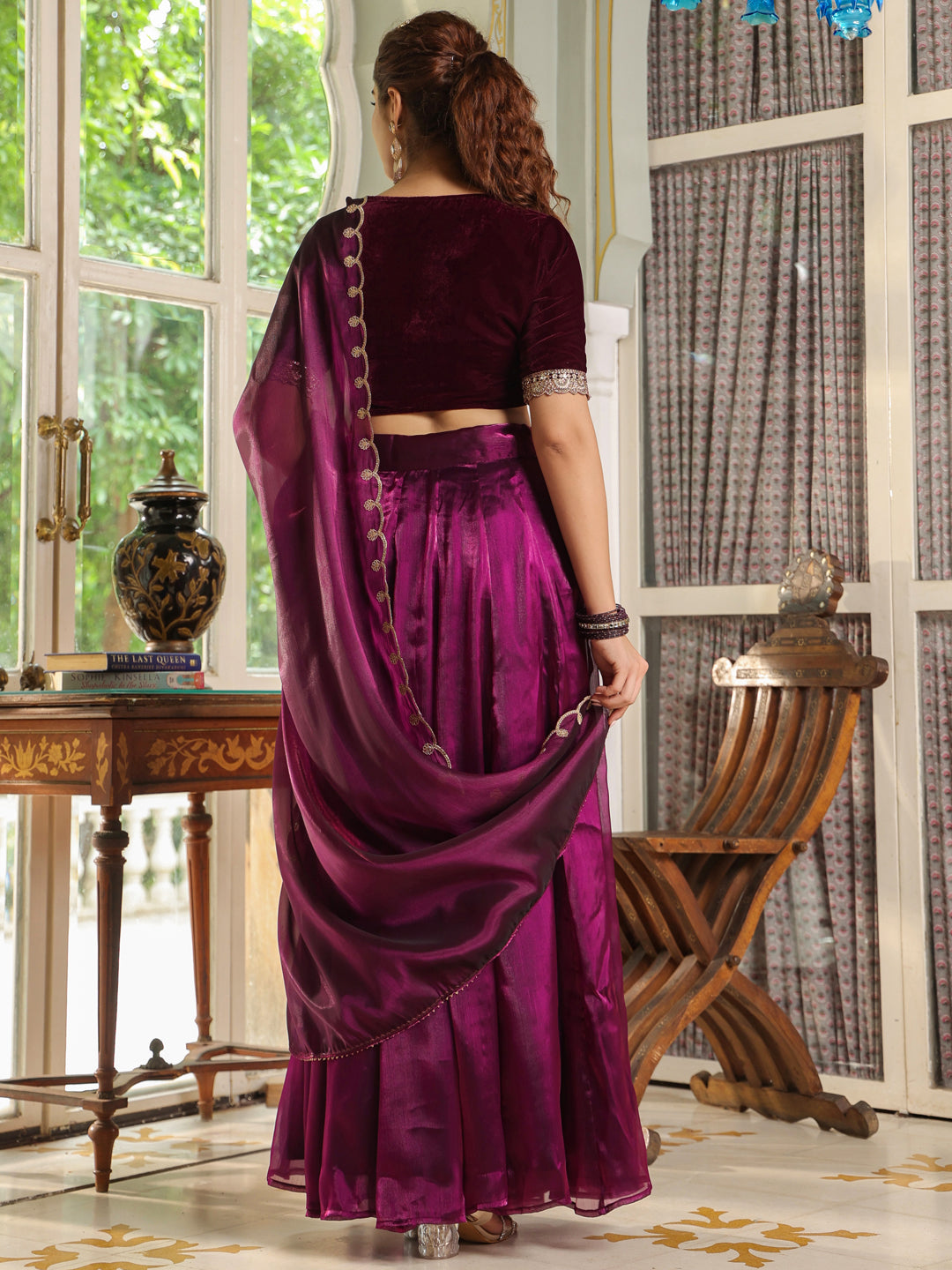 Purple Organza Zari Embroidered Pleated Lehenga Choli Set