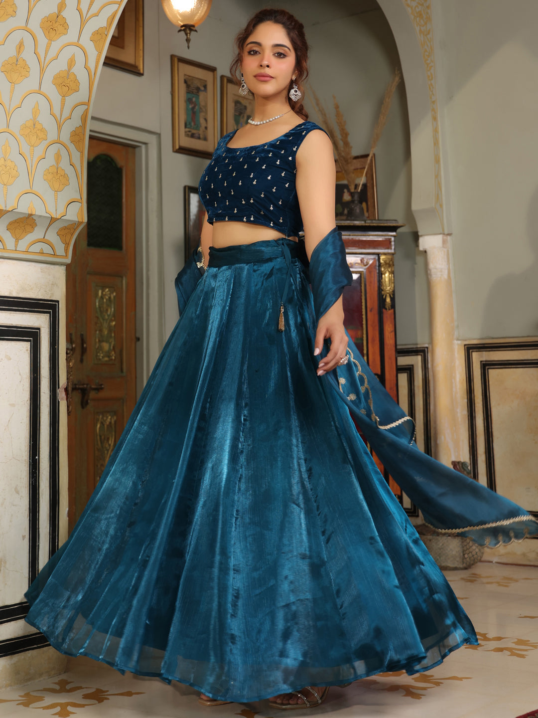 Teal Blue Organza Zari Embroidered Pleated Lehenga Choli Set