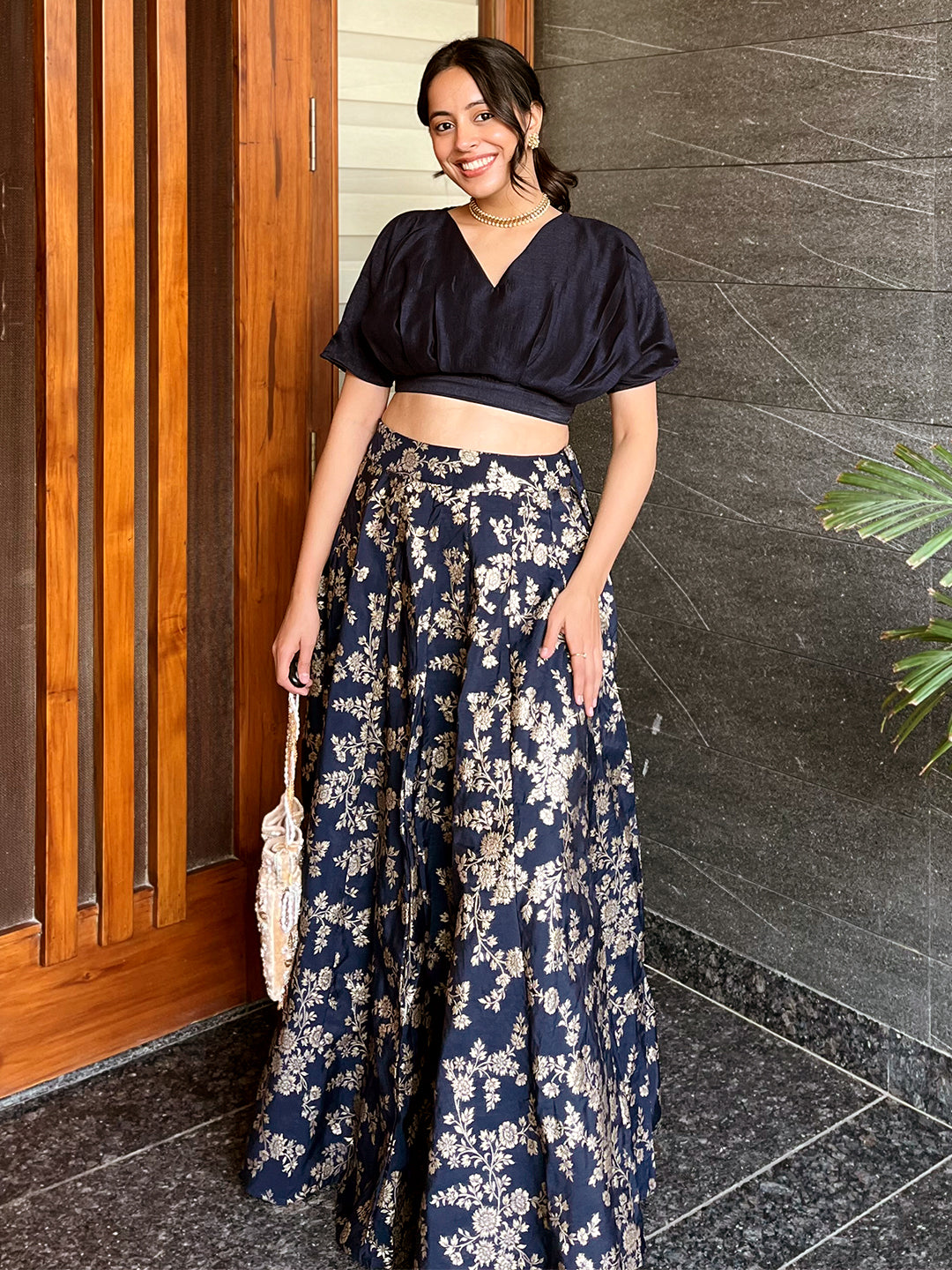 Navy Blue Silk Blend Brocade Panelled Lehenga Choli Set