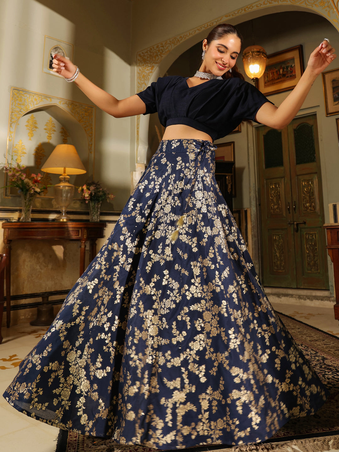 Navy Blue Silk Blend Brocade Panelled Lehenga Choli Set