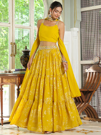 Yellow Georgette Embellished Foil Printed Tiered Lehenga Choli Set