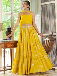 Yellow Georgette Embellished Foil Printed Tiered Lehenga Choli Set