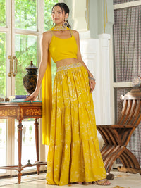 Yellow Georgette Embellished Foil Printed Tiered Lehenga Choli Set