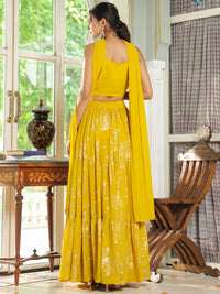 Yellow Georgette Embellished Foil Printed Tiered Lehenga Choli Set