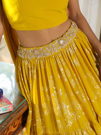 Yellow Georgette Embellished Foil Printed Tiered Lehenga Choli Set