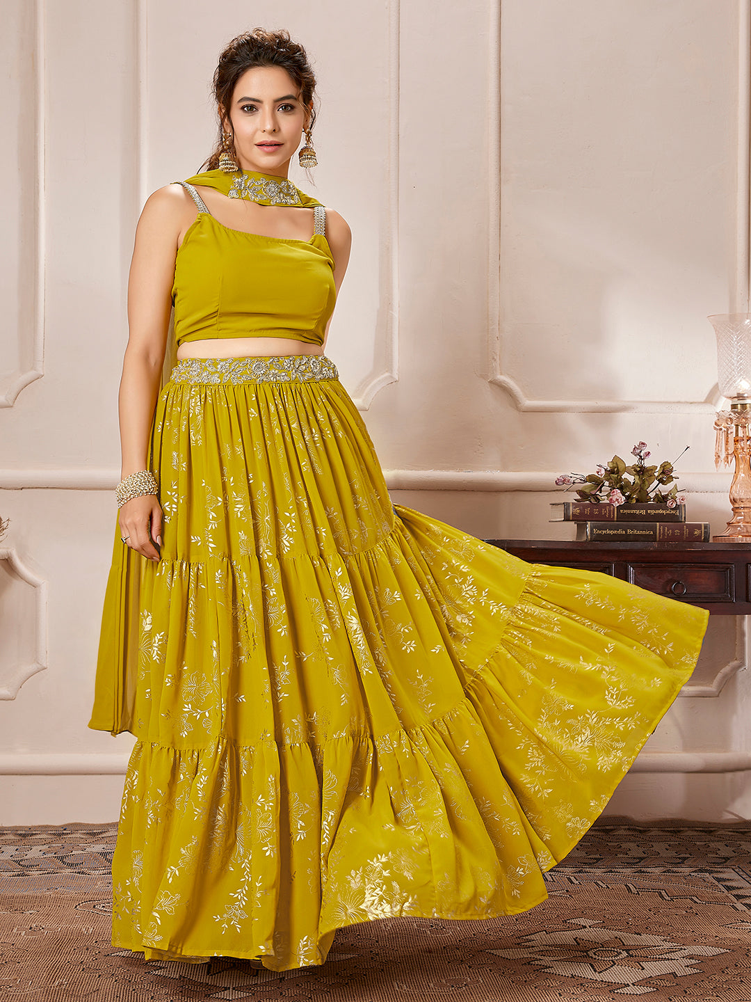 Yellow Georgette Embellished Foil Printed Tiered Lehenga Choli Set