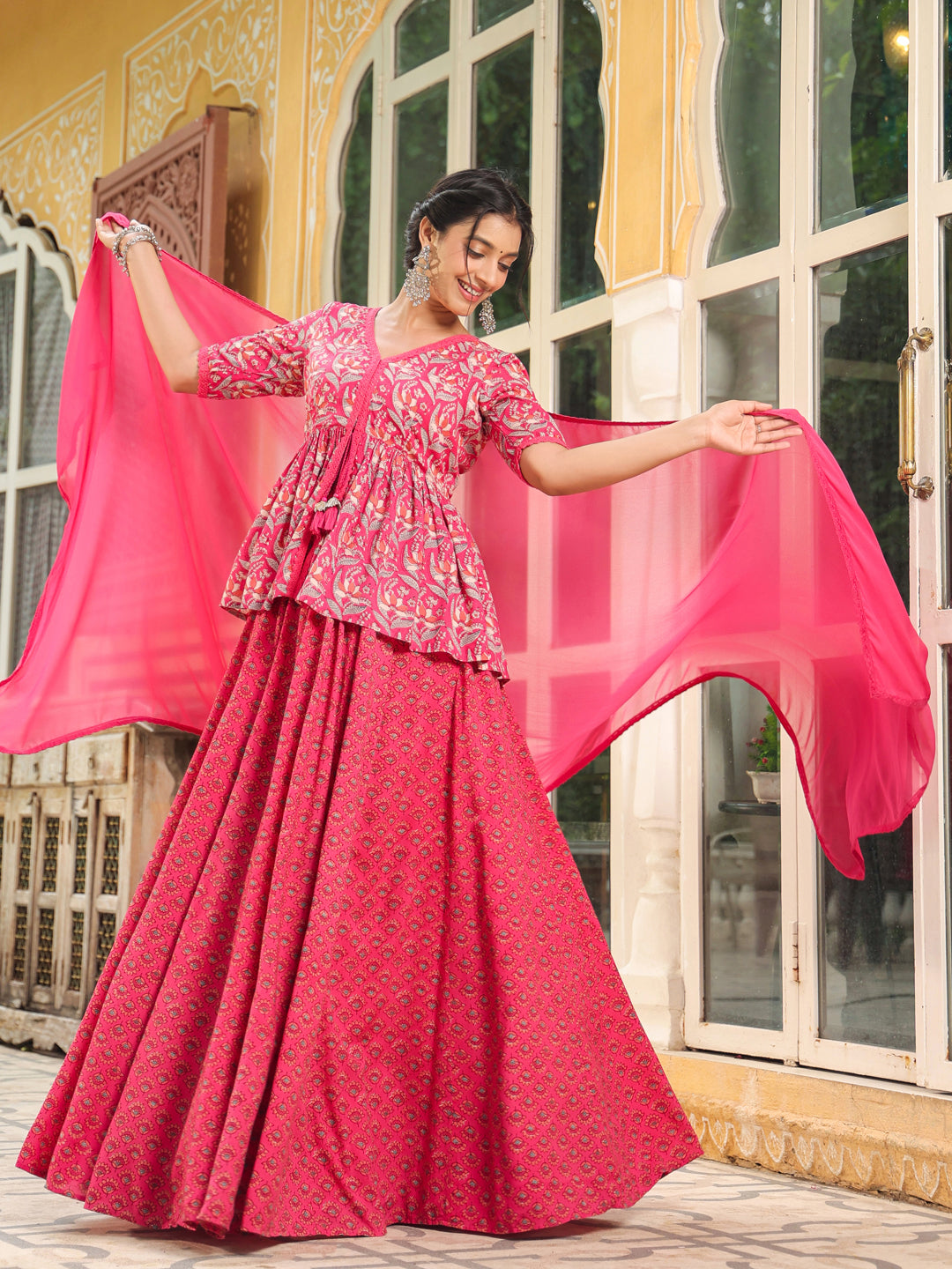 Pink Pure Cotton Floral Printed Lehenga Top With Dupatta Set