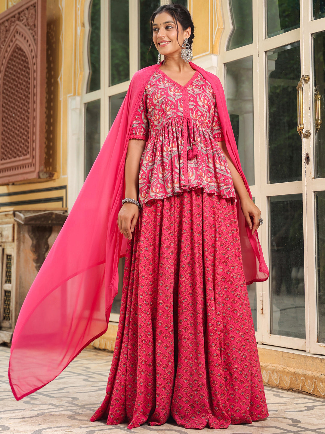 Pink Pure Cotton Floral Printed Lehenga Top With Dupatta Set