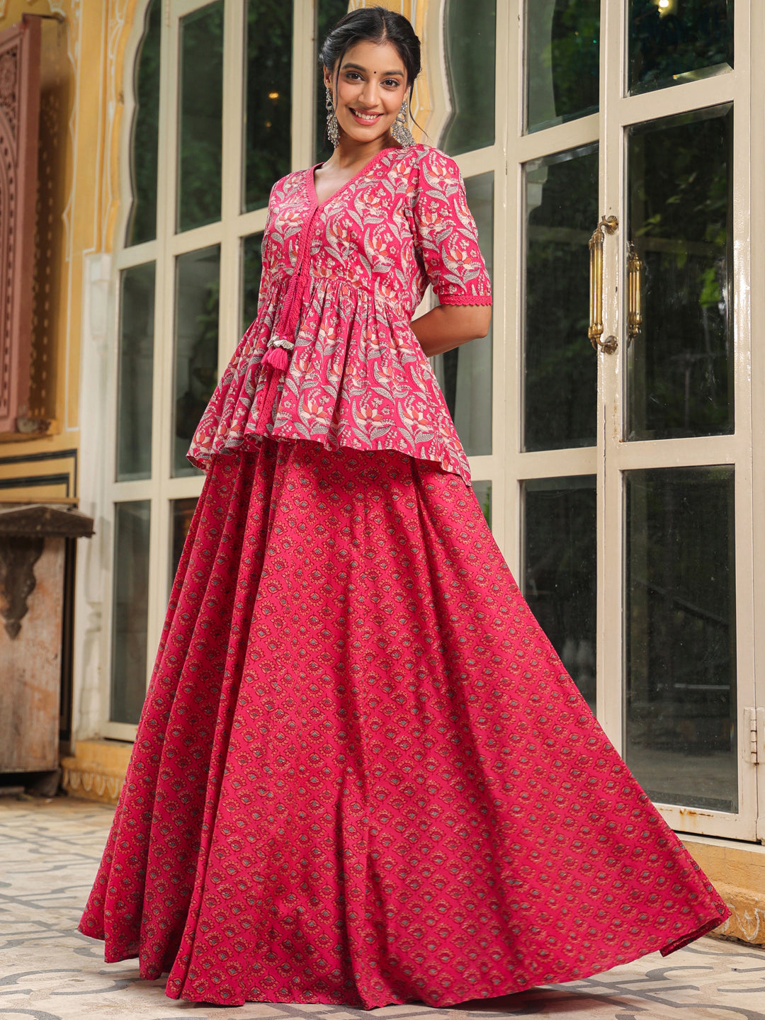 Pink Pure Cotton Floral Printed Lehenga Top With Dupatta Set