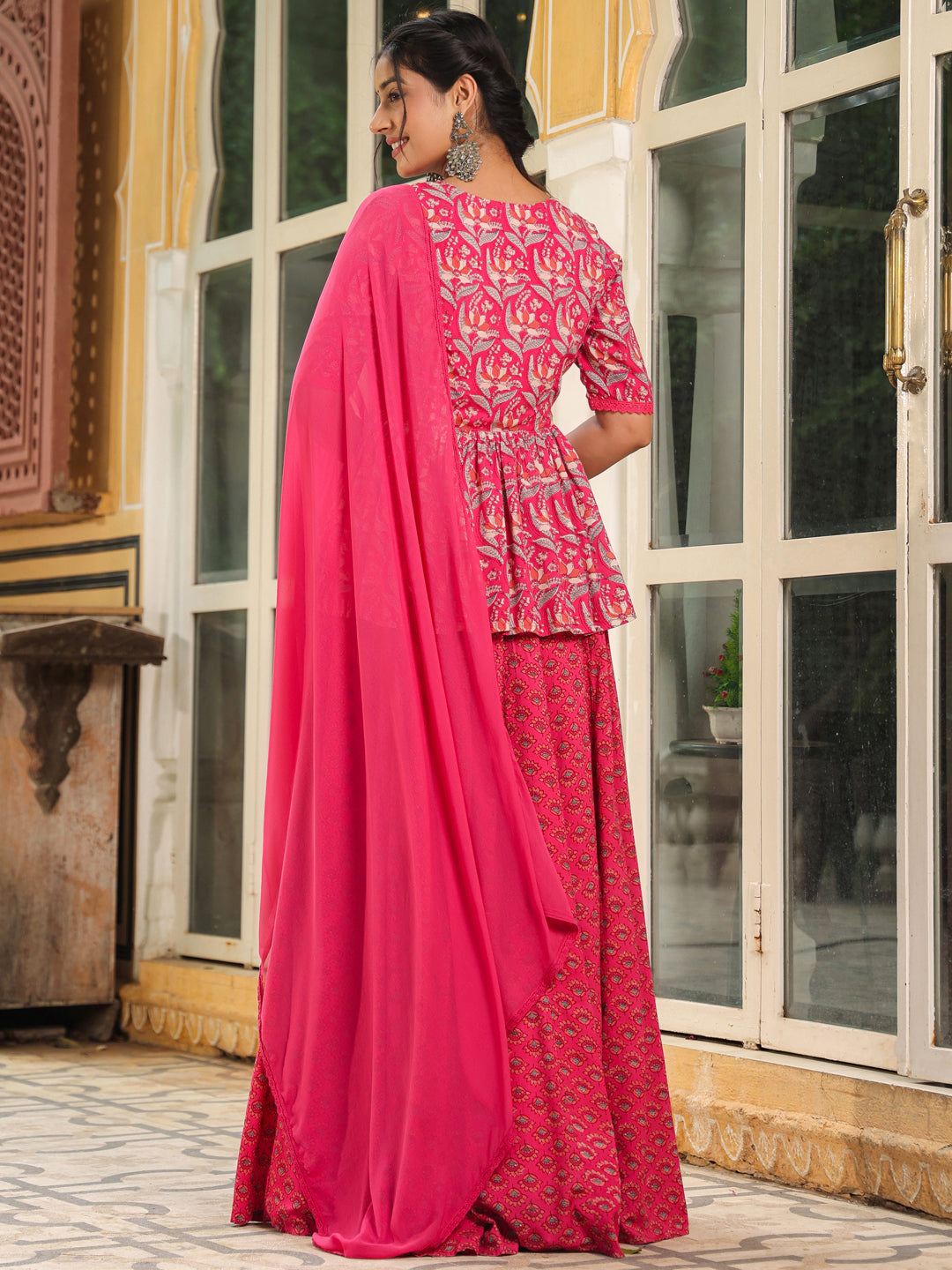 Pink Pure Cotton Floral Printed Lehenga Top With Dupatta Set