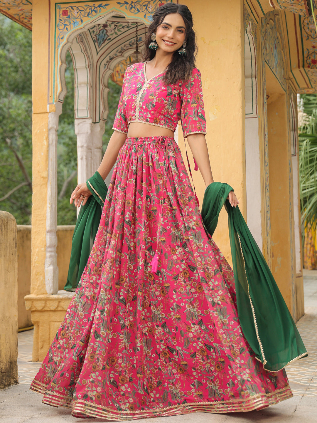 Pink Georgette Floral Printed Gathered Lehenga Choli Set