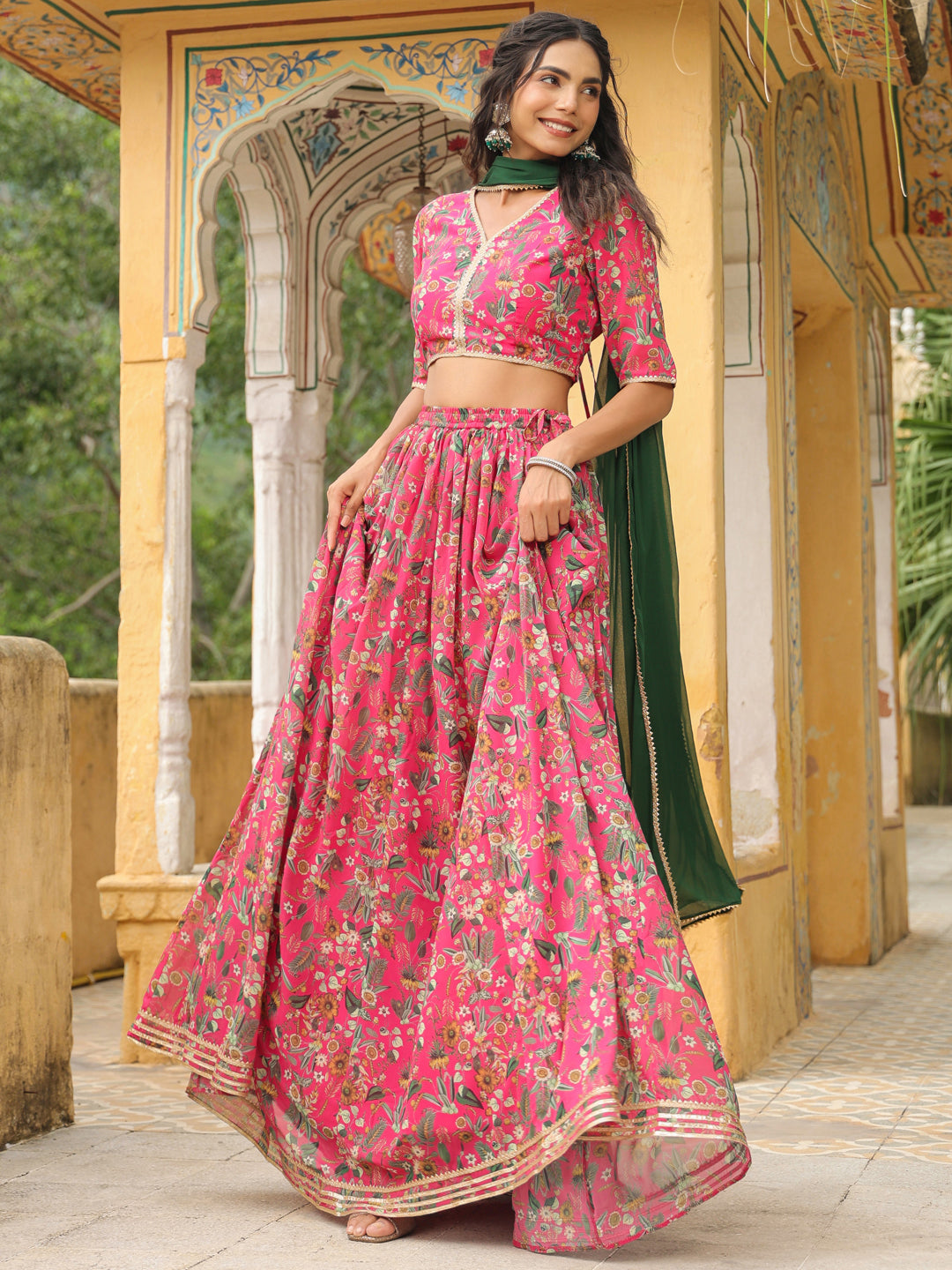 Pink Georgette Floral Printed Gathered Lehenga Choli Set