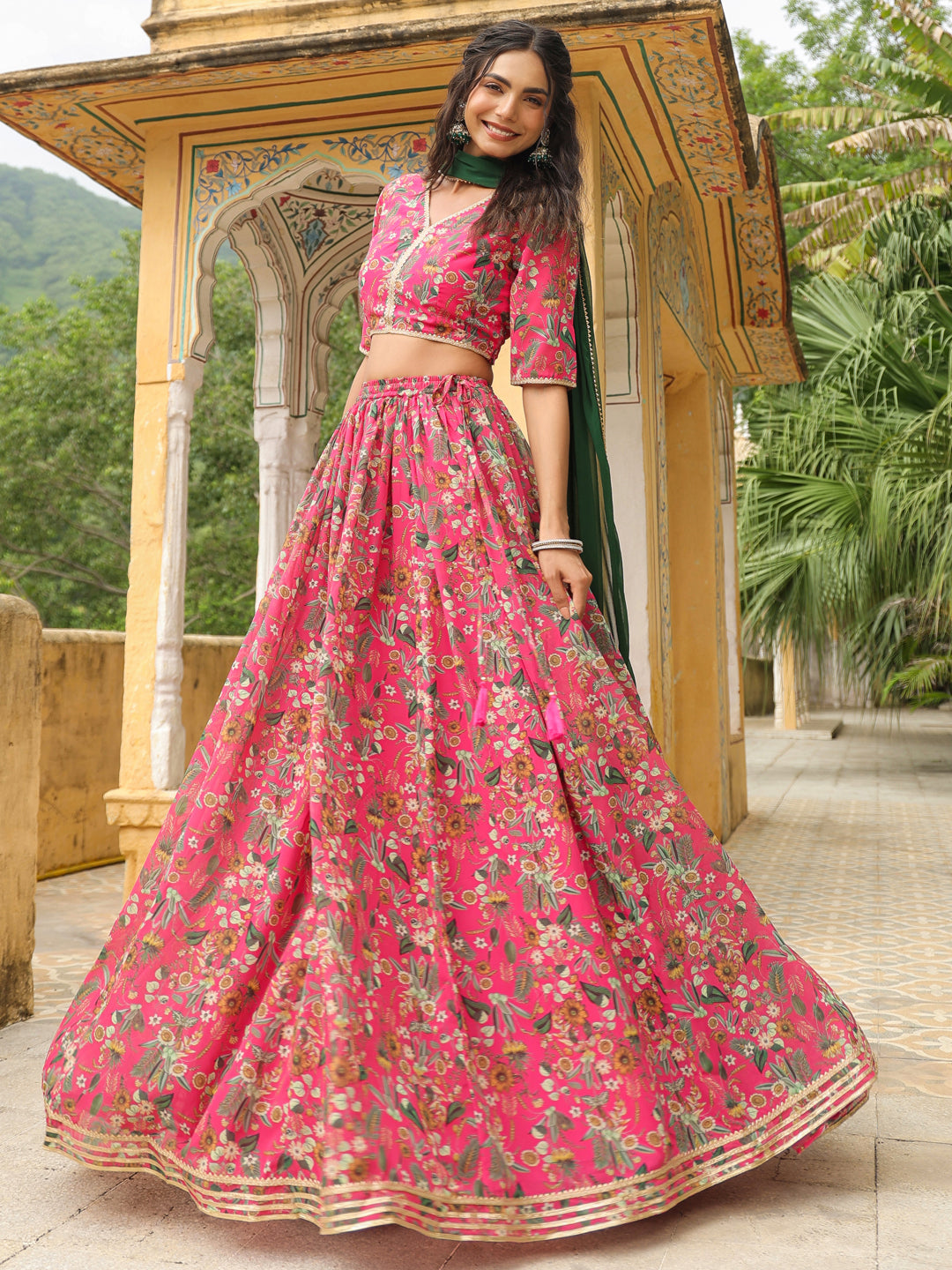 Pink Georgette Floral Printed Gathered Lehenga Choli Set