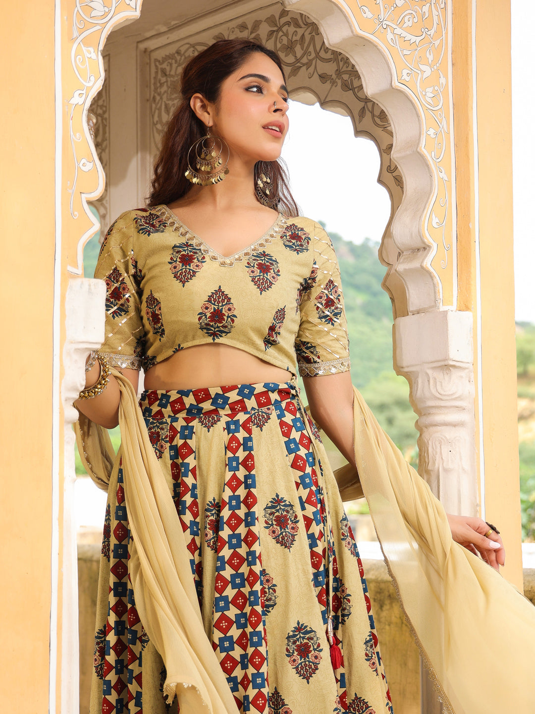 Beige Pure Cotton Ethnic Motifs Printed Lehenga Choli with Dupatta Set