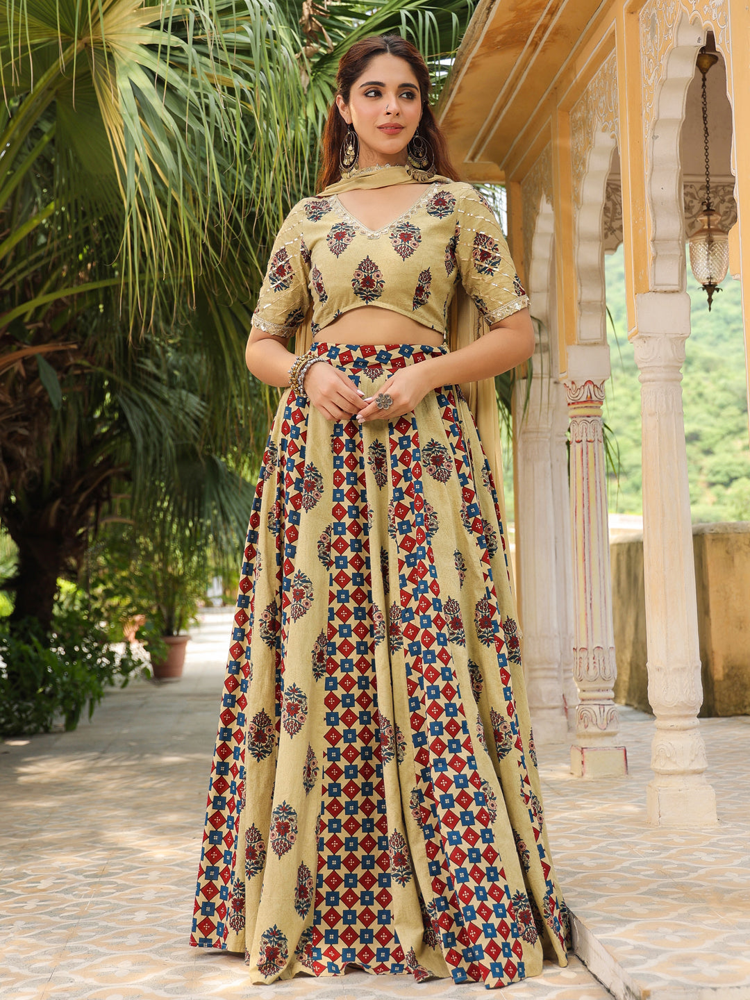 Beige Pure Cotton Ethnic Motifs Printed Lehenga Choli with Dupatta Set