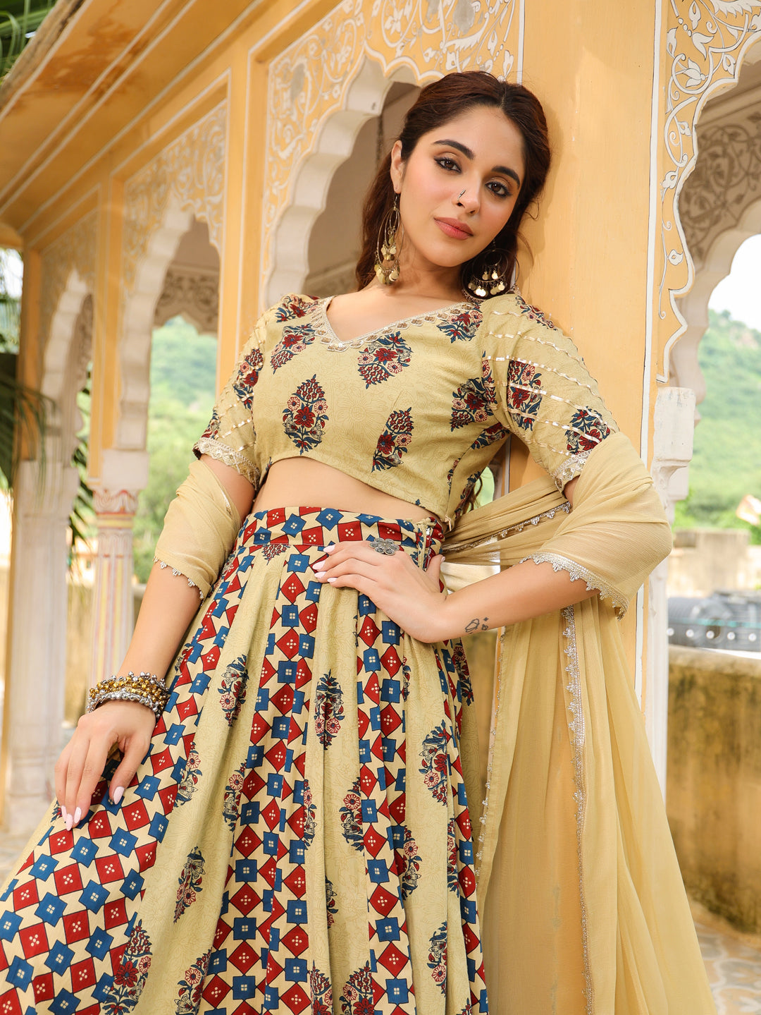 Beige Pure Cotton Ethnic Motifs Printed Lehenga Choli with Dupatta Set