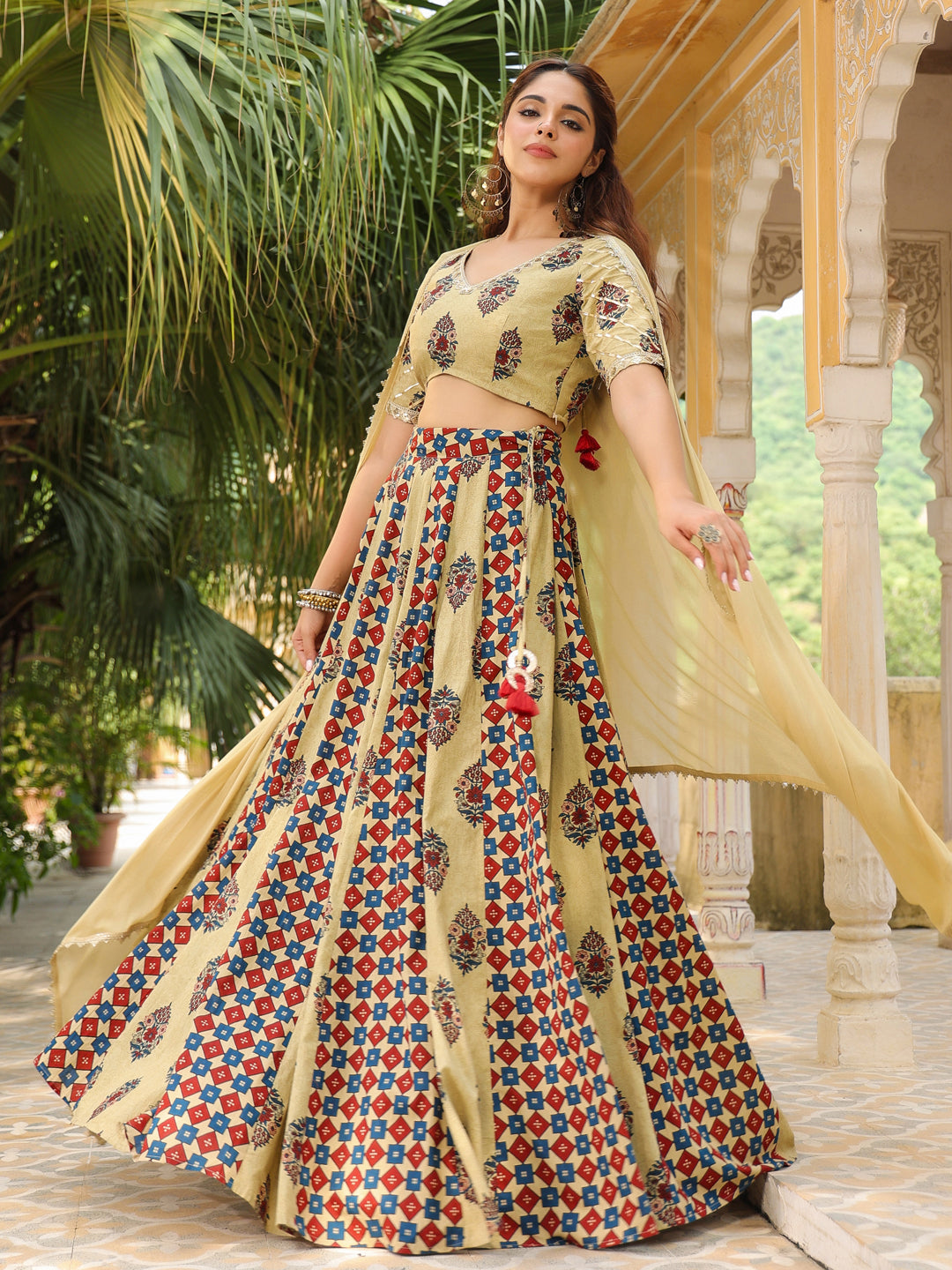 Beige Pure Cotton Ethnic Motifs Printed Lehenga Choli with Dupatta Set