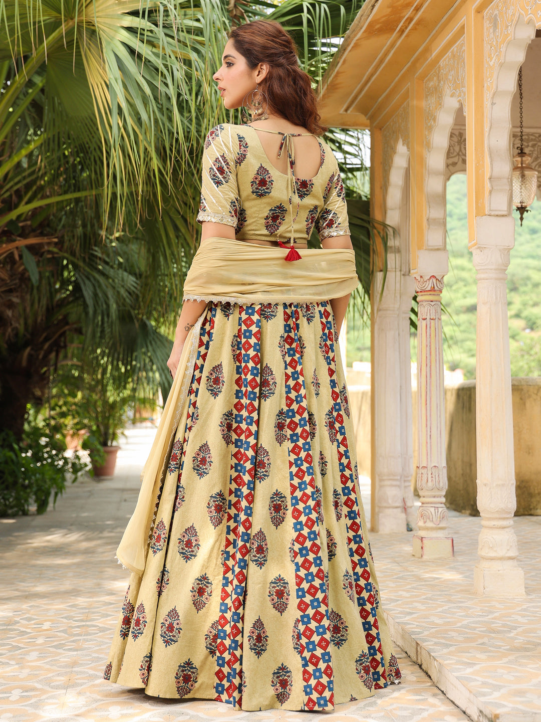 Beige Pure Cotton Ethnic Motifs Printed Lehenga Choli with Dupatta Set