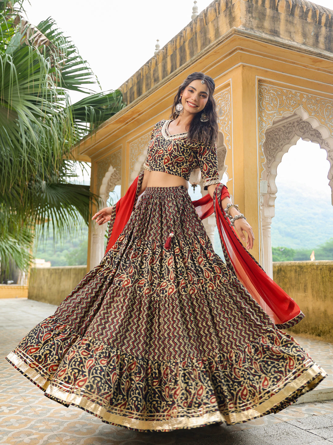 Black Pure Cotton Batik Printed Tiered Lehenga Choli Set