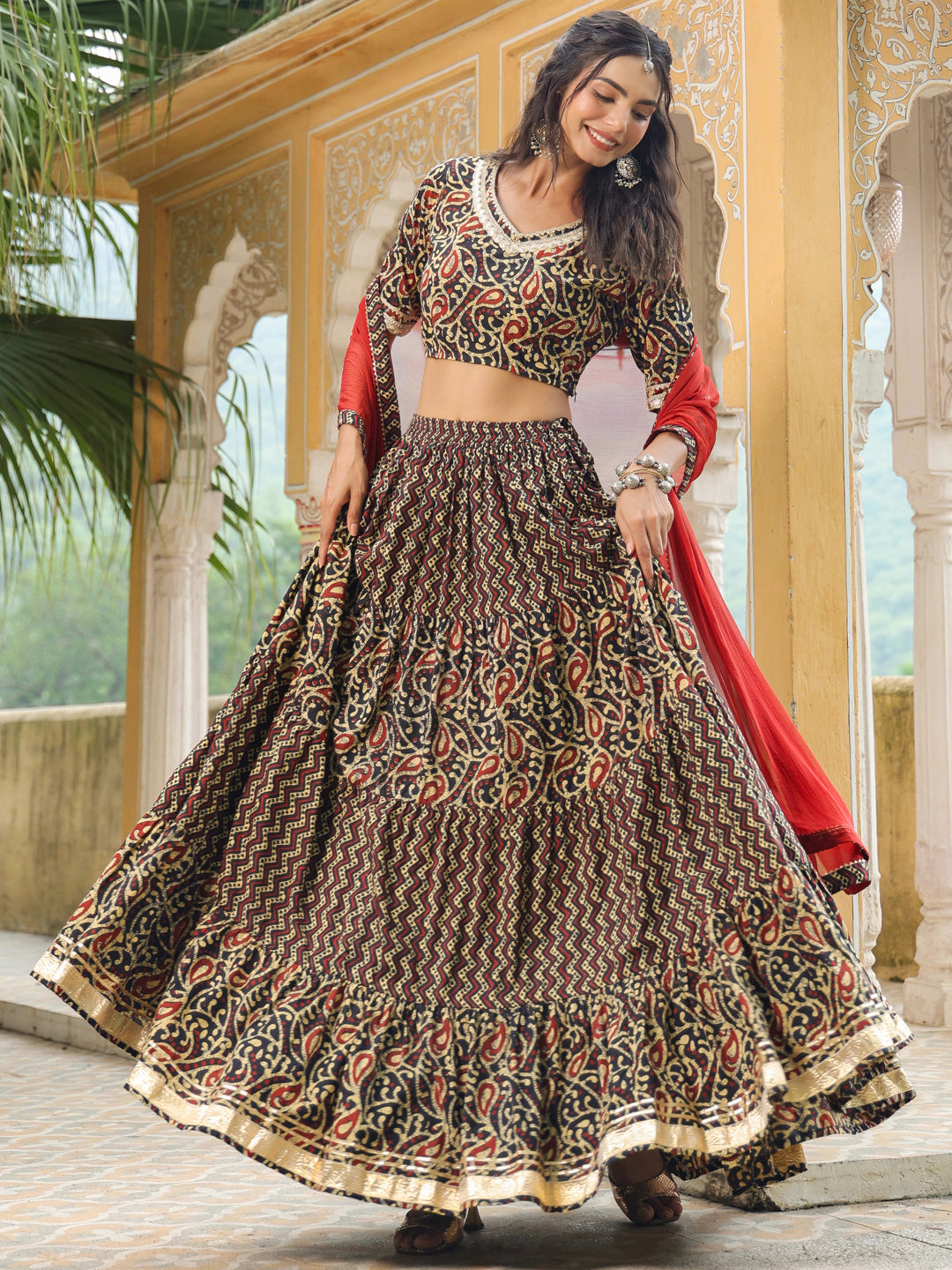 Black Pure Cotton Batik Printed Tiered Lehenga Choli Set