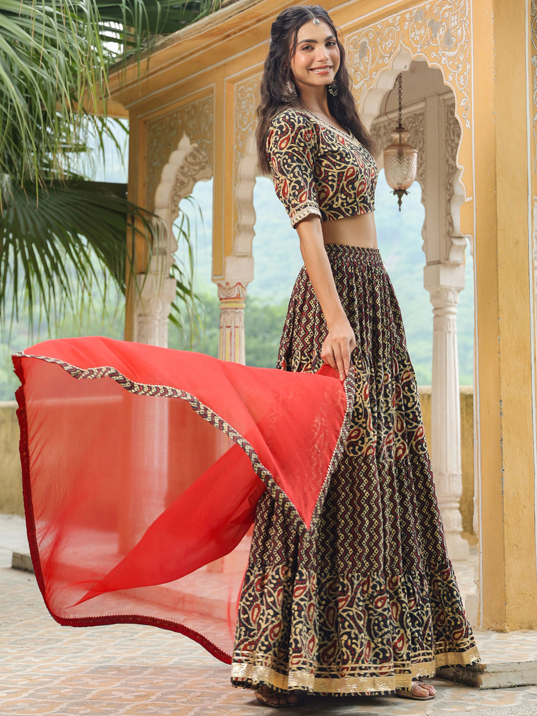 Black Pure Cotton Batik Printed Tiered Lehenga Choli Set